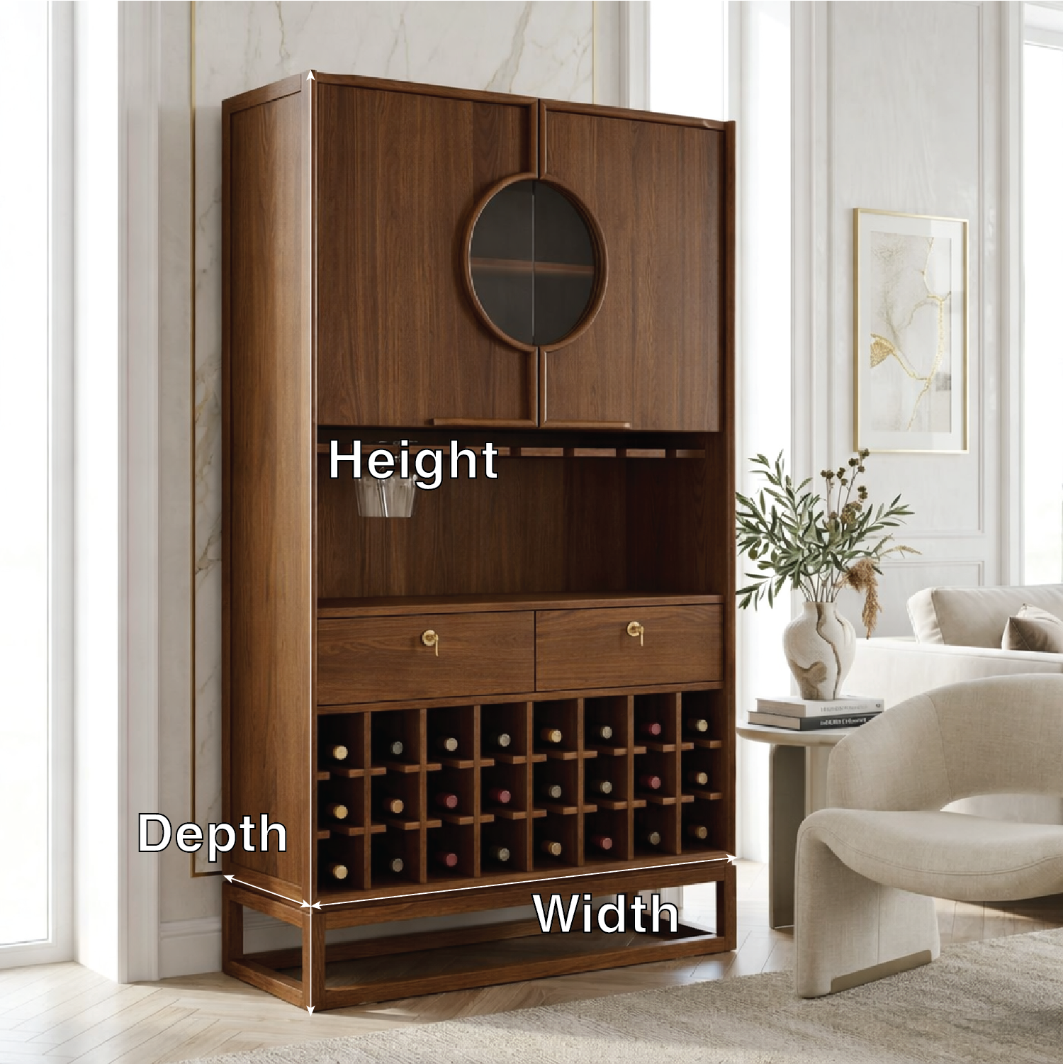 Contemporary Wooden Bar Cabinet, Sophisticated Wine Storage Hutch with Circular Doors