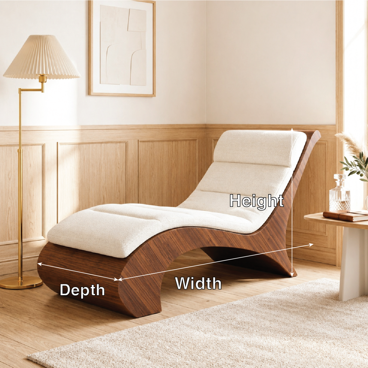 Sculptural Upholstered Chaise Lounge With Curved Frame, Cream Cushion, Reading Nook