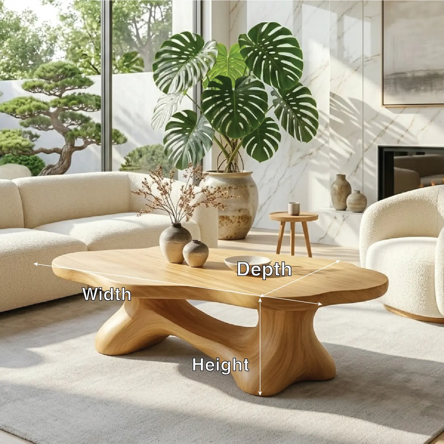 Solid Wood Sculptural Coffee Table with Organic Carved Base, Modern Designer Living Room Table Kitchnce