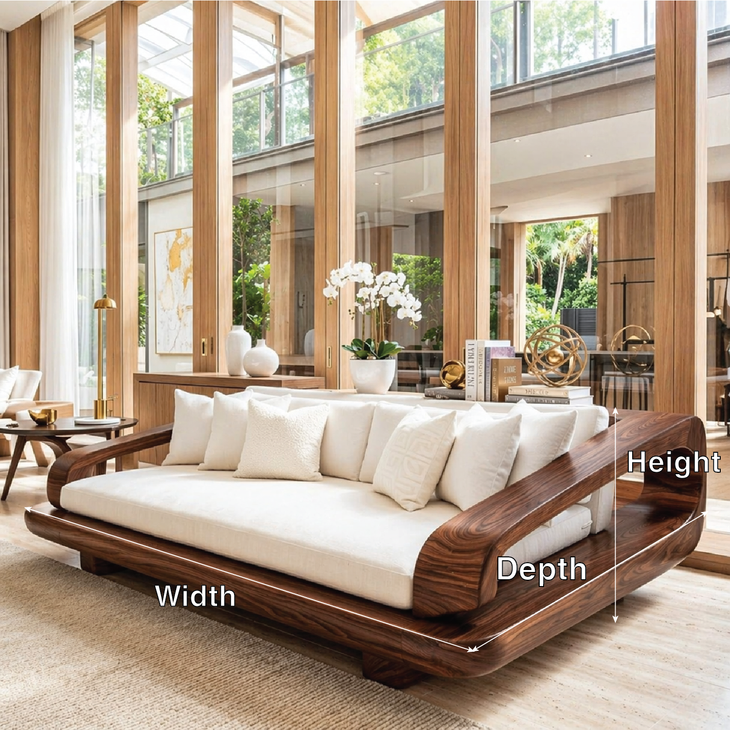 Luxury Wooden Platform Sofa, Minimalist Lounge Couch with Oversized White Cushions