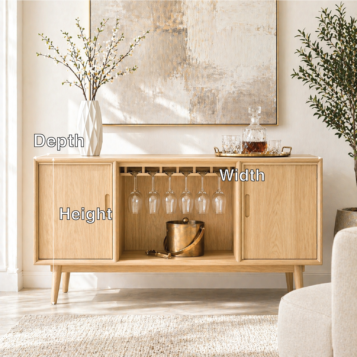 Mid Century Modern Bar Cabinet Liquor Storage Console With Glass Rack Doors