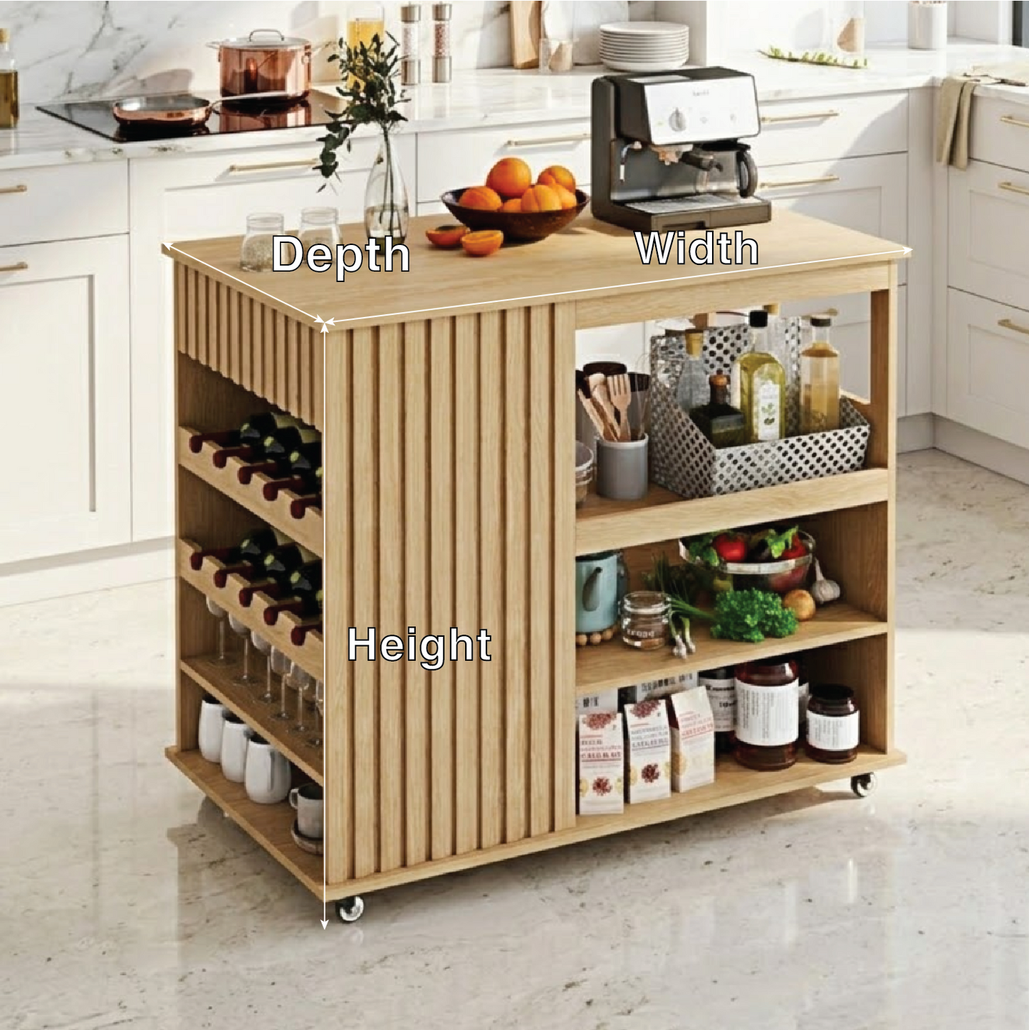 Rolling Kitchen Island with Wine Rack Storage Shelves, Modern Prep Cart for Home Kitchen Use