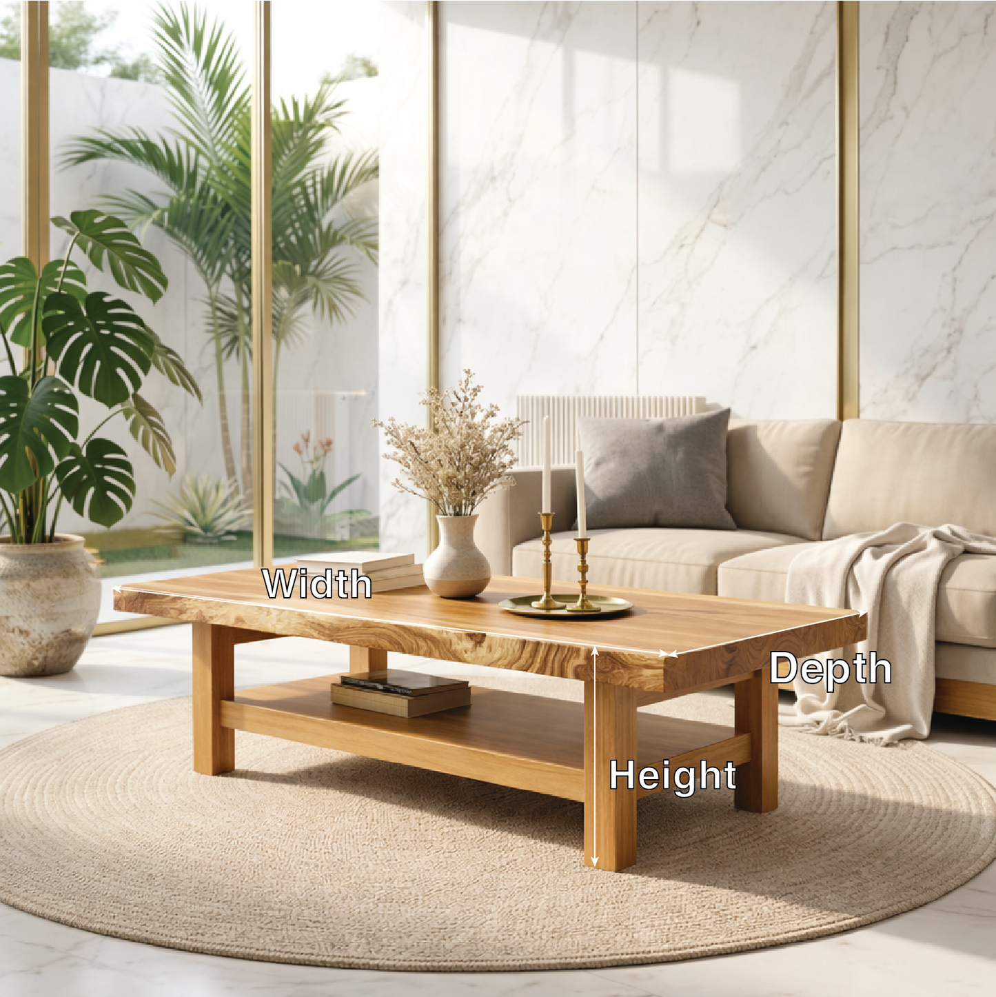 Handcrafted Solid Wood Coffee Table with Open Shelf and Natural Finish Kitchnce