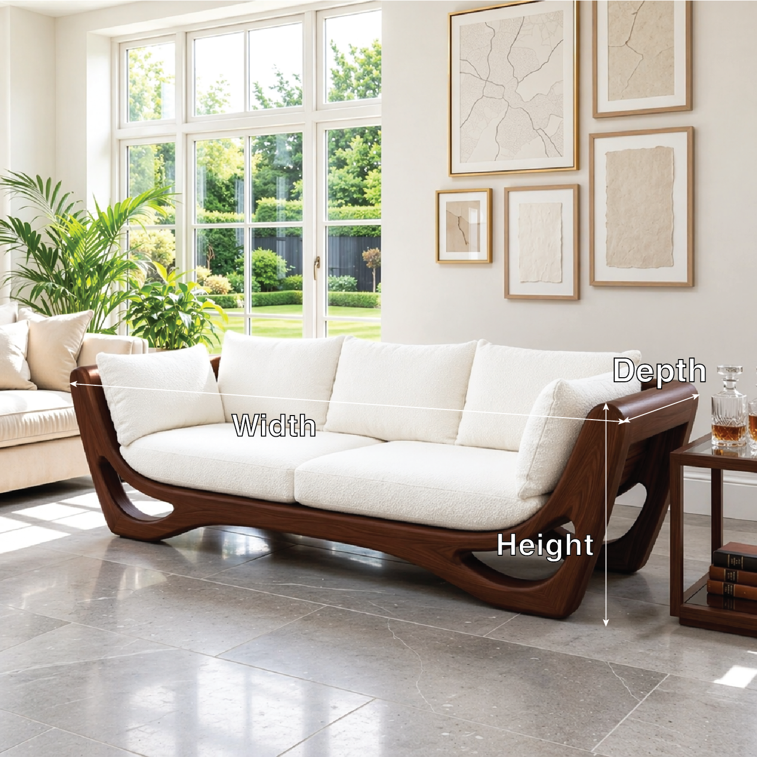 Modern Curved Wooden Sofa, Sculptural Minimalist Couch with Plush White Cushions