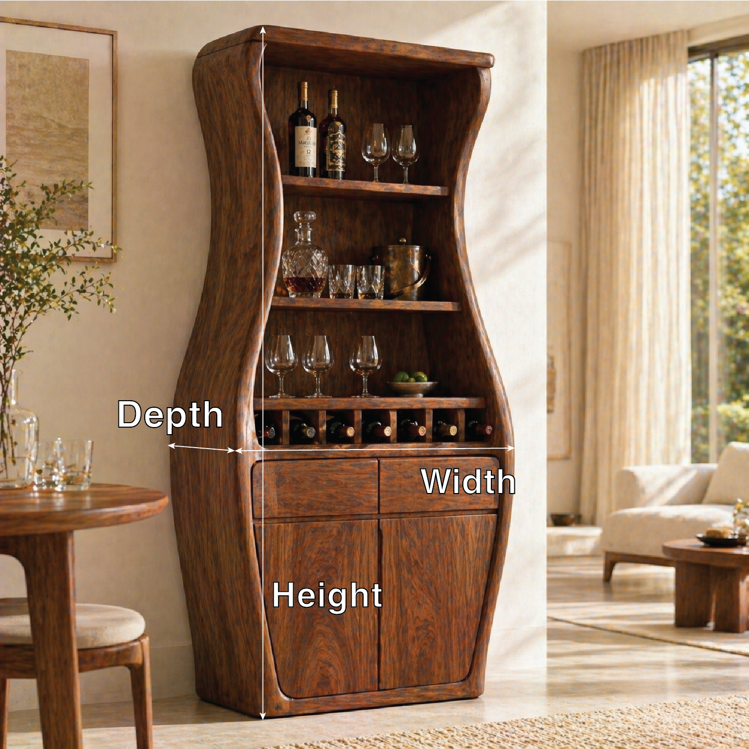 Sculptural Tall Wine Cabinet Bar Storage Bottle Rack Shelves Drawer Organizer