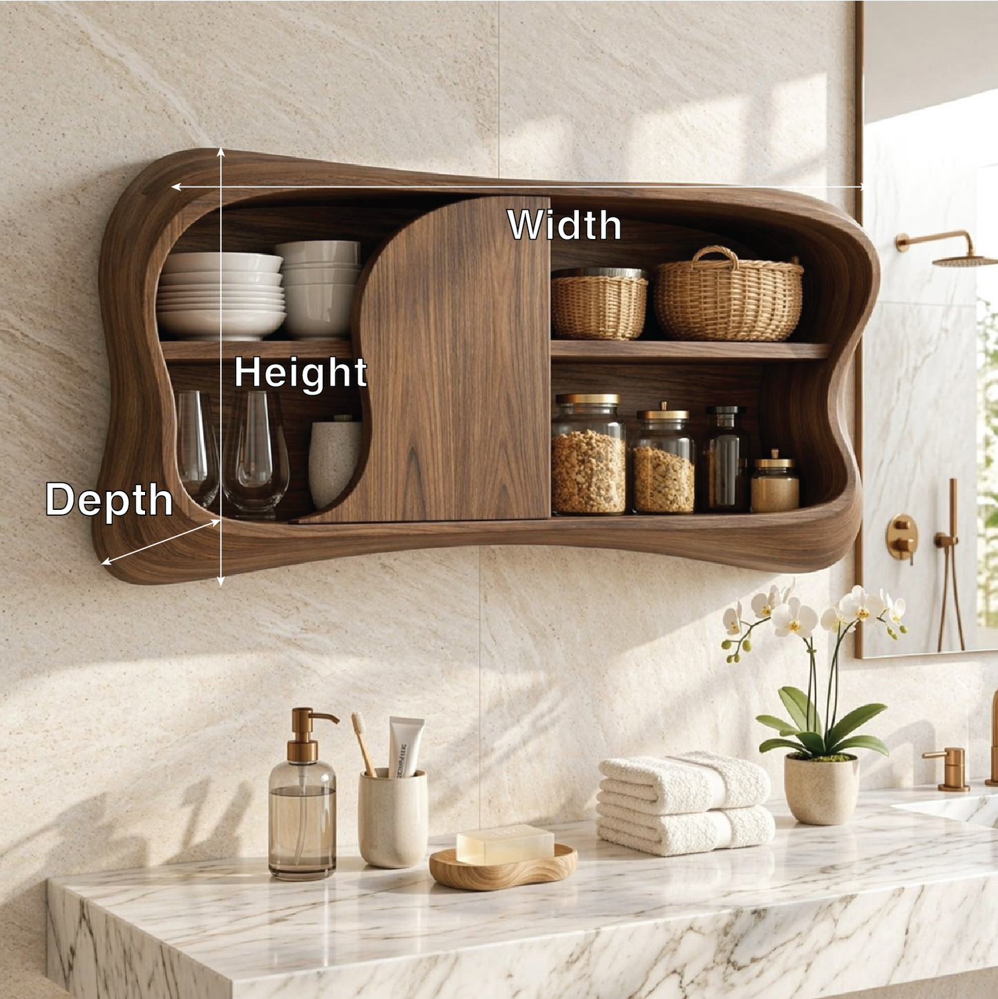 Floating Bathroom Cabinet, Modern Organic Wall Mounted Vanity Storage Organizer Unit