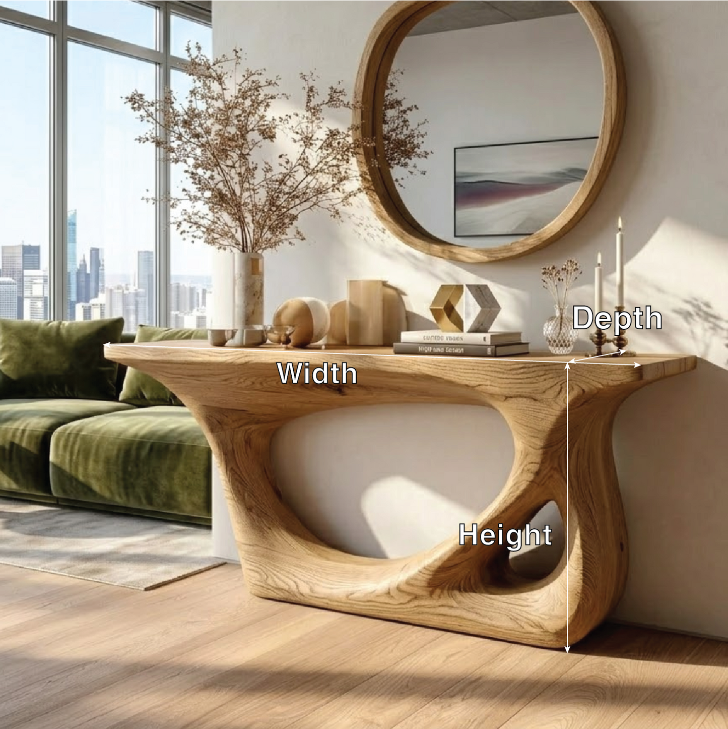 Modern Wooden Console Table with Round Mirror and Elegant Decor