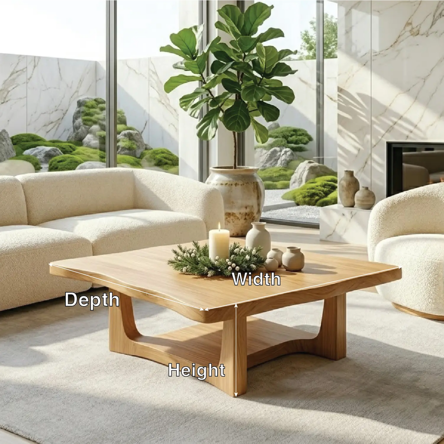 Solid Oak Coffee Table with Curved Edges and Open Base, Modern Japanese Style Living Room Table Kitchnce