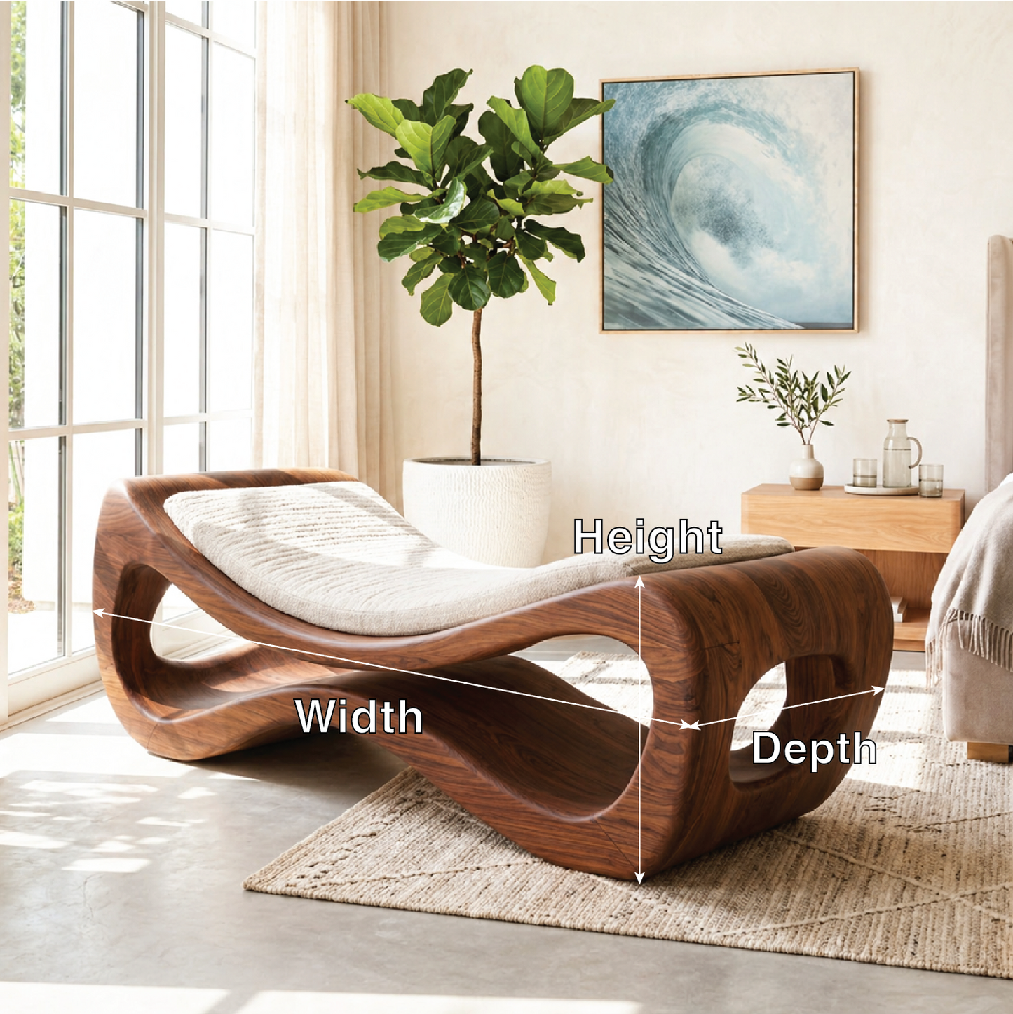 Sculptural Upholstered Daybed Organic Cutout Frame, Cream Cushion Lounger