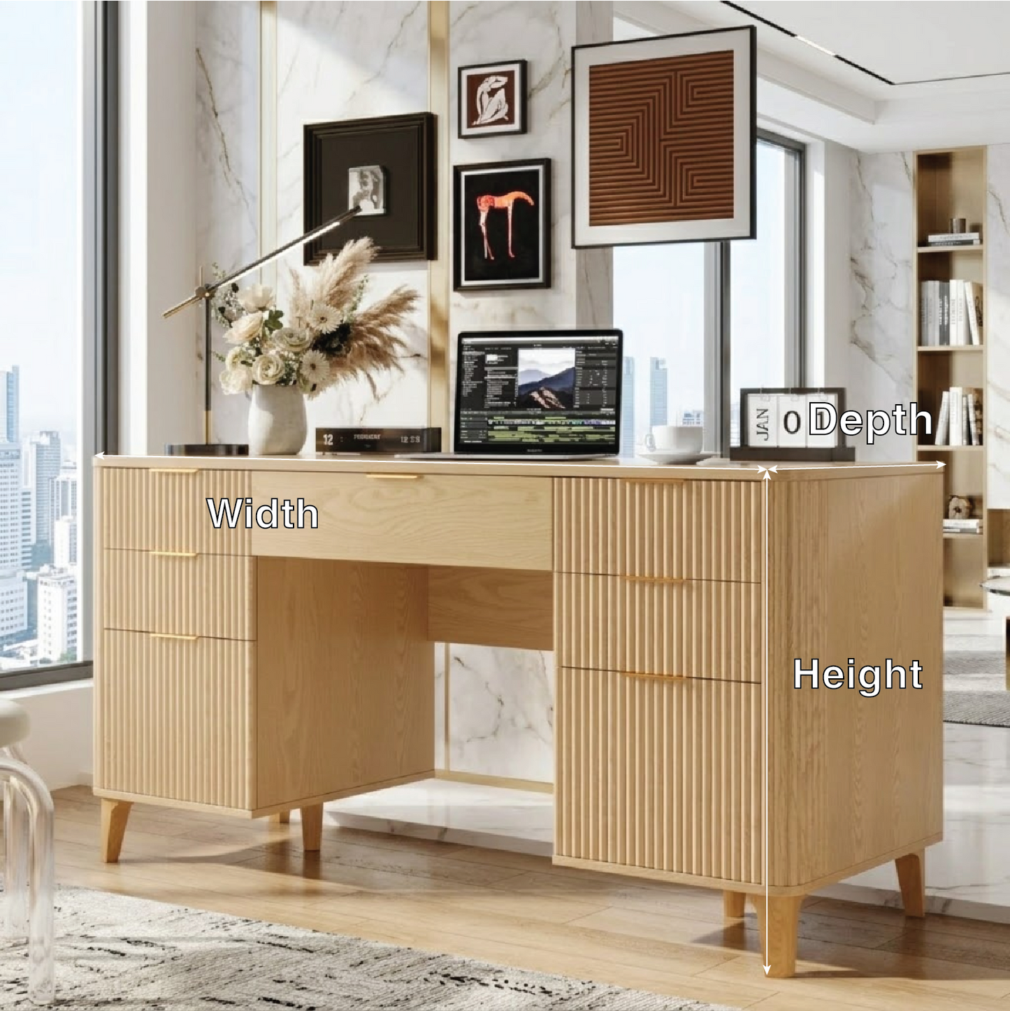 Modern Fluted Executive Desk with Drawers, Large Minimalist Home Office Writing Table