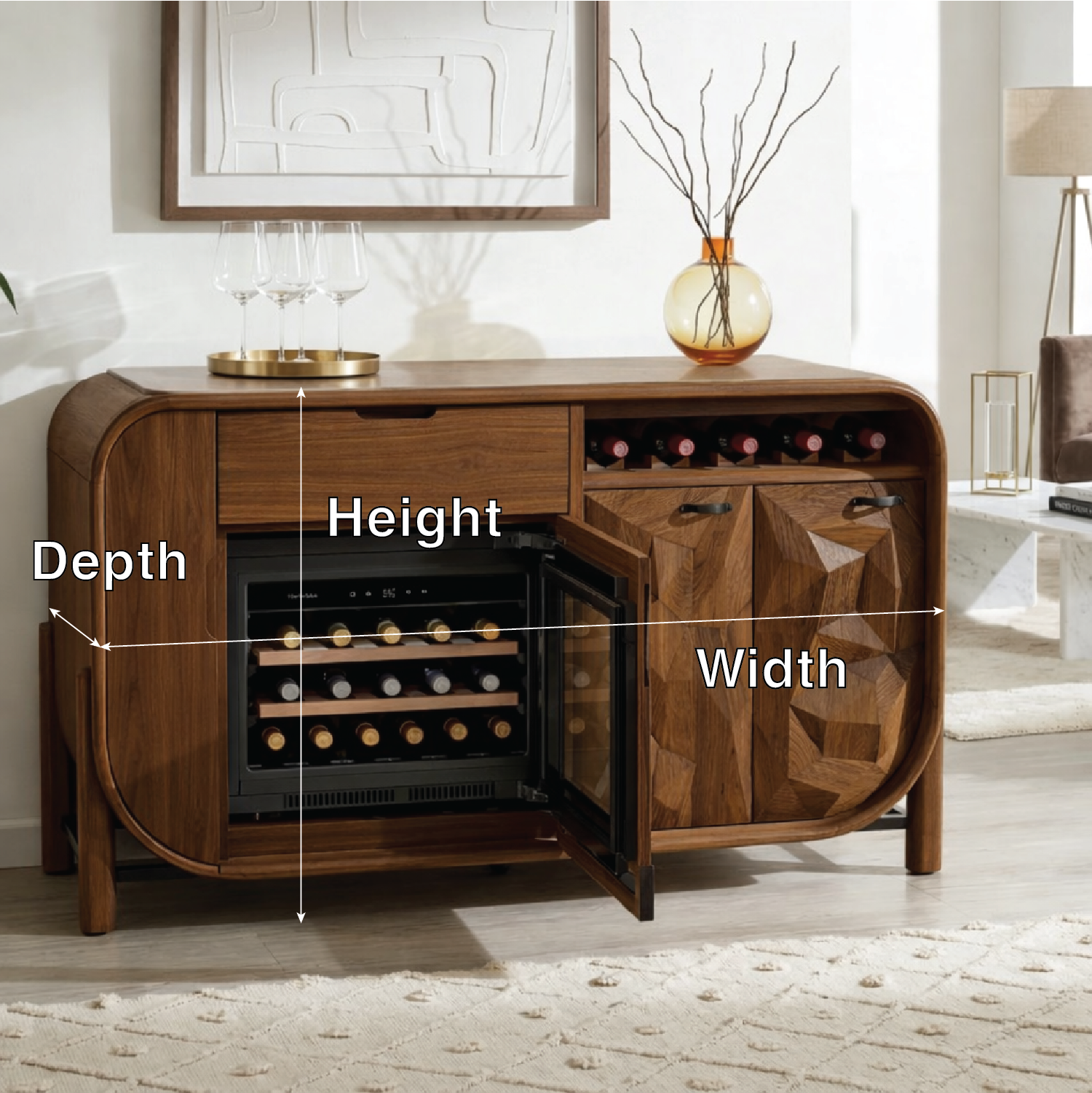 Modern Wooden Wine Bar Cabinet, Rounded Sideboard with Integrated Cooler Storage
