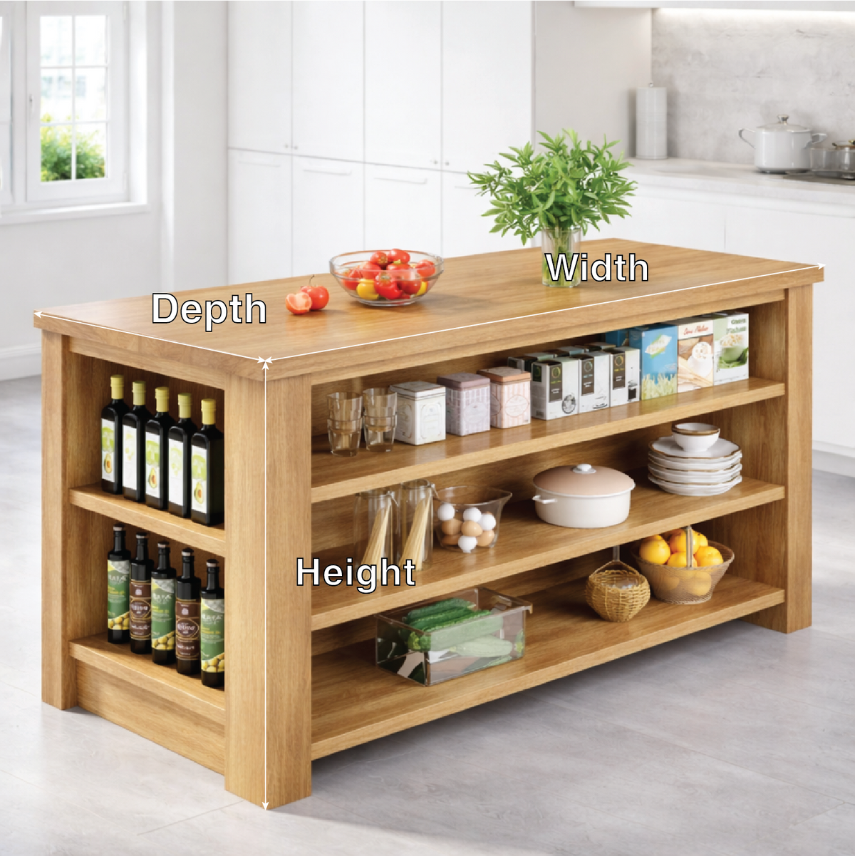 Large Kitchen Island with Open Storage Shelves, Modern Prep Table for Kitchen Dining Space
