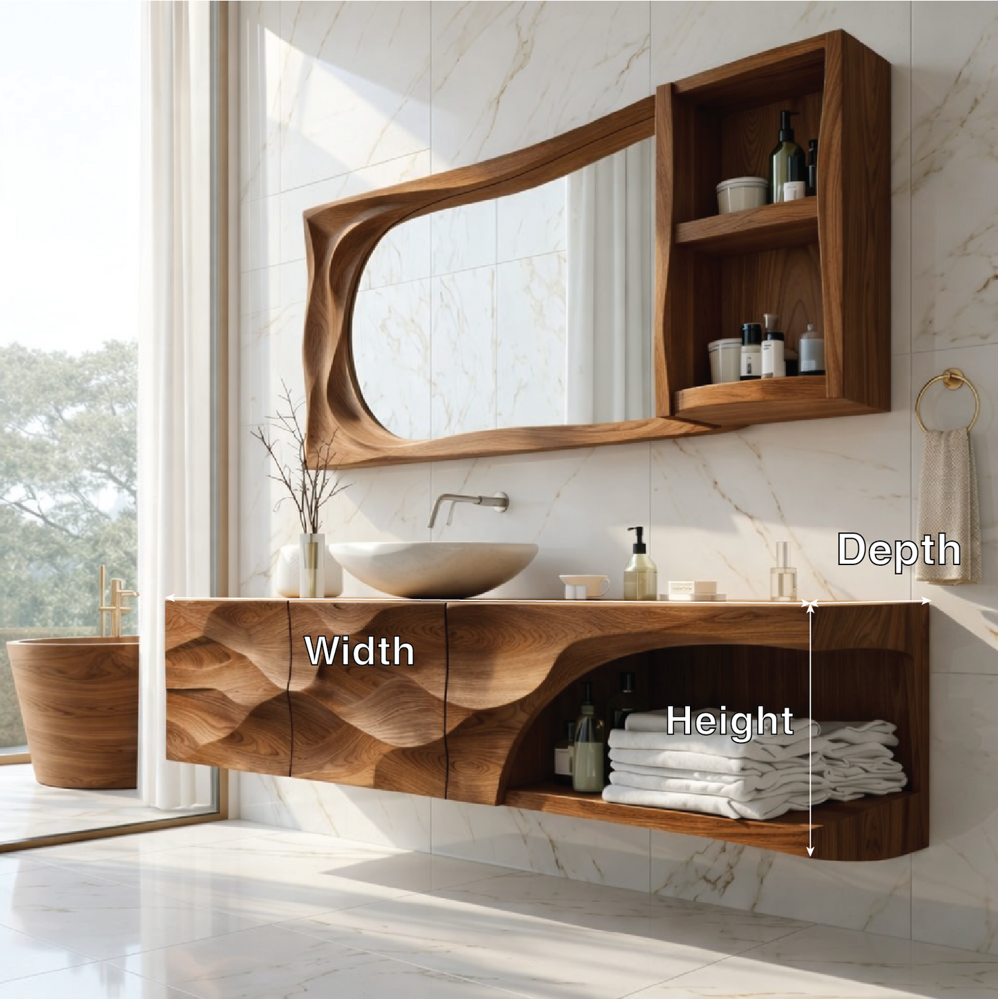 Modern Solid Wood Bathroom Vanity with Floating Storage and Sculpted Front Design