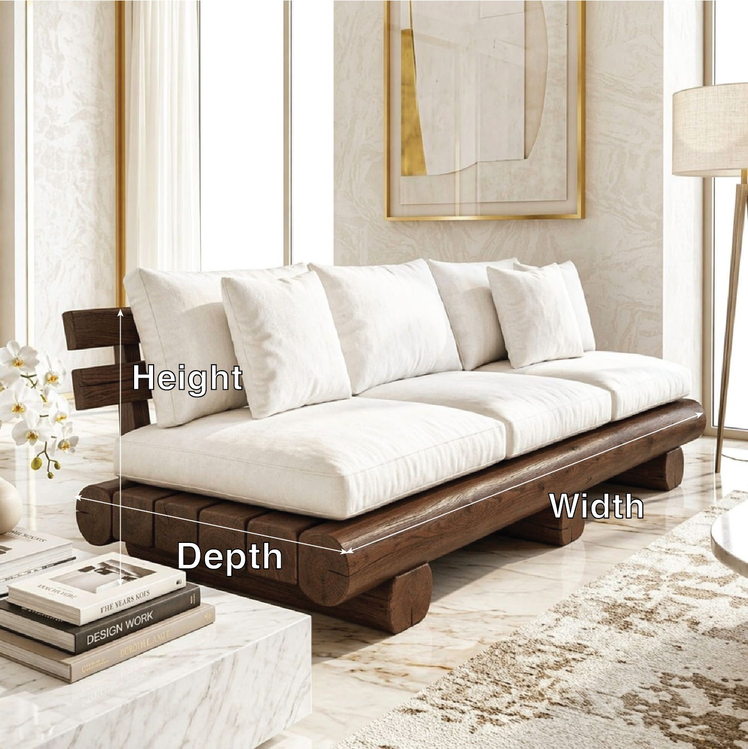 Modern Rustic Wooden Sofa, Minimalist Contemporary Lounge with Oversized Cream Cushions