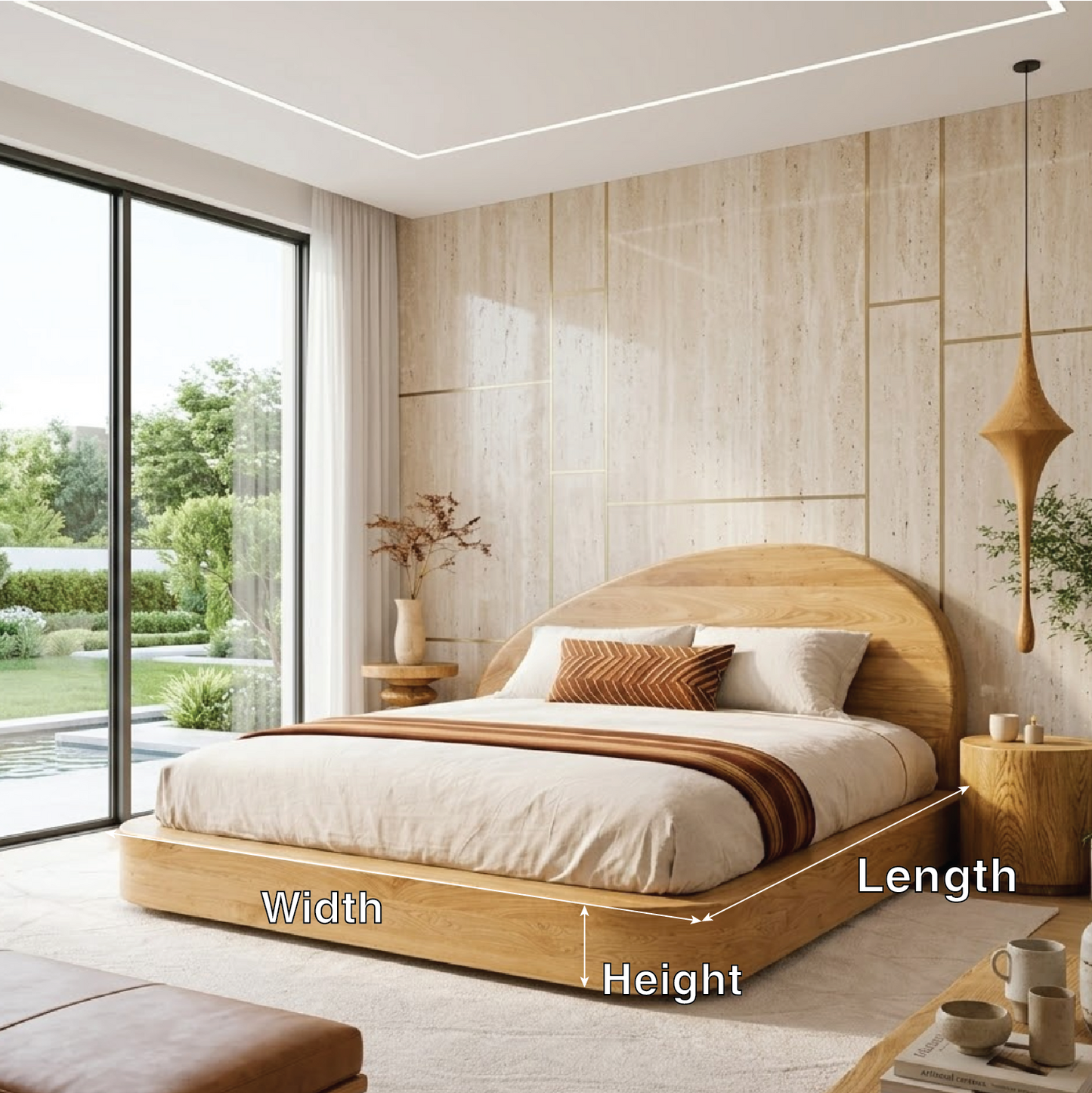 Modern Wooden Bed Frame with Curved Headboard and Platform Design Style