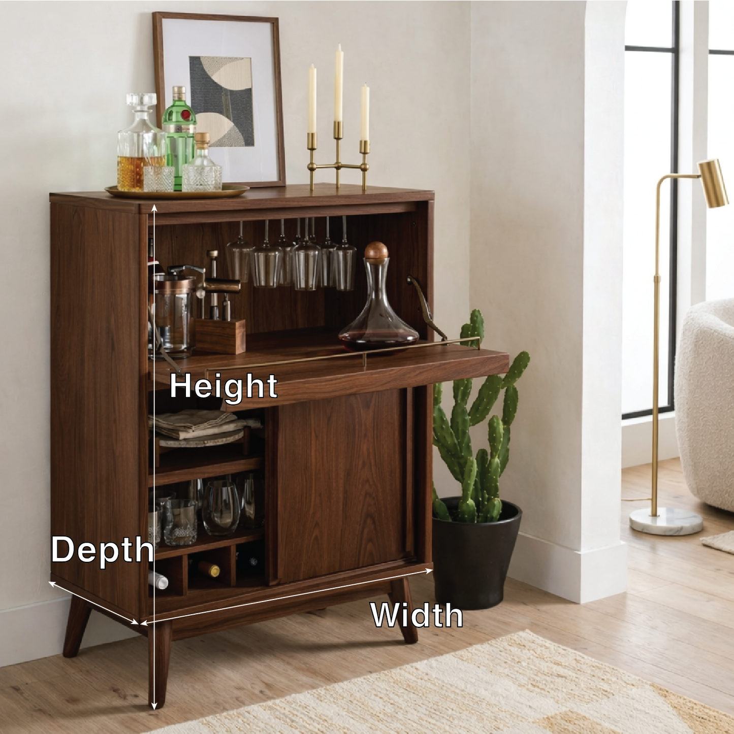 Contemporary Wooden Bar Cabinet, Entertaining Console with Glassware Storage Rack