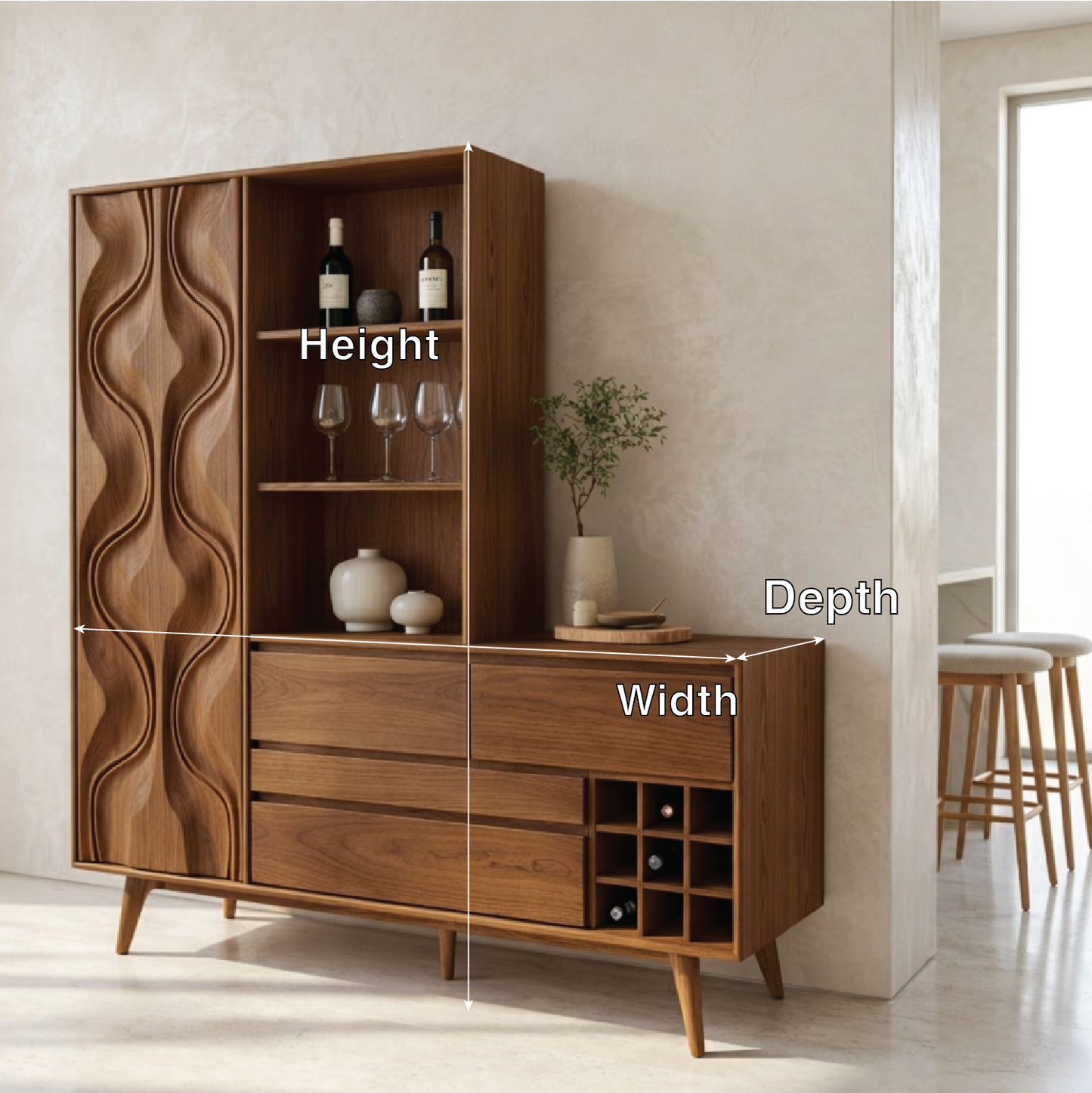 Modern Wine Cabinet Sideboard with Sculpted Door, Open Shelves and Bottle Storage