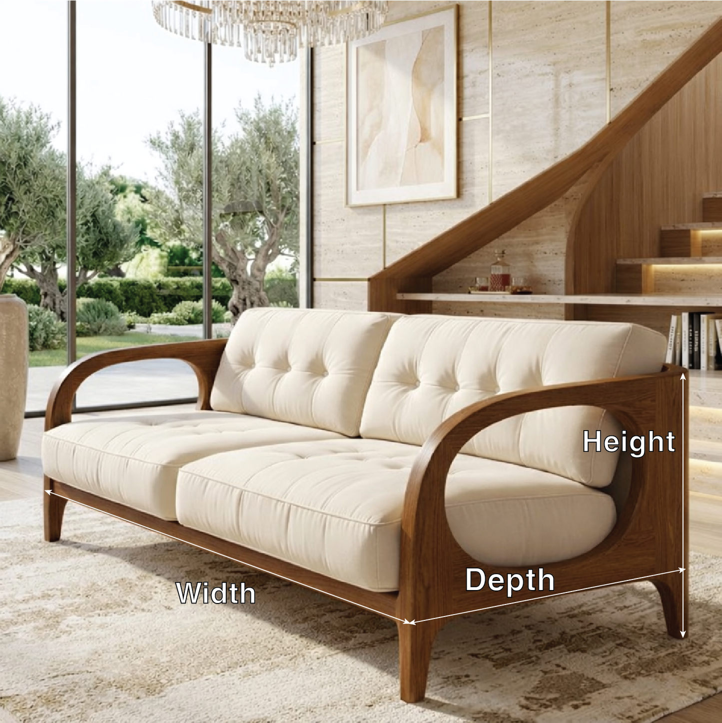Curved Solid Wood Sofa with Cream Tufted Cushions Mid Century Modern Loveseat
