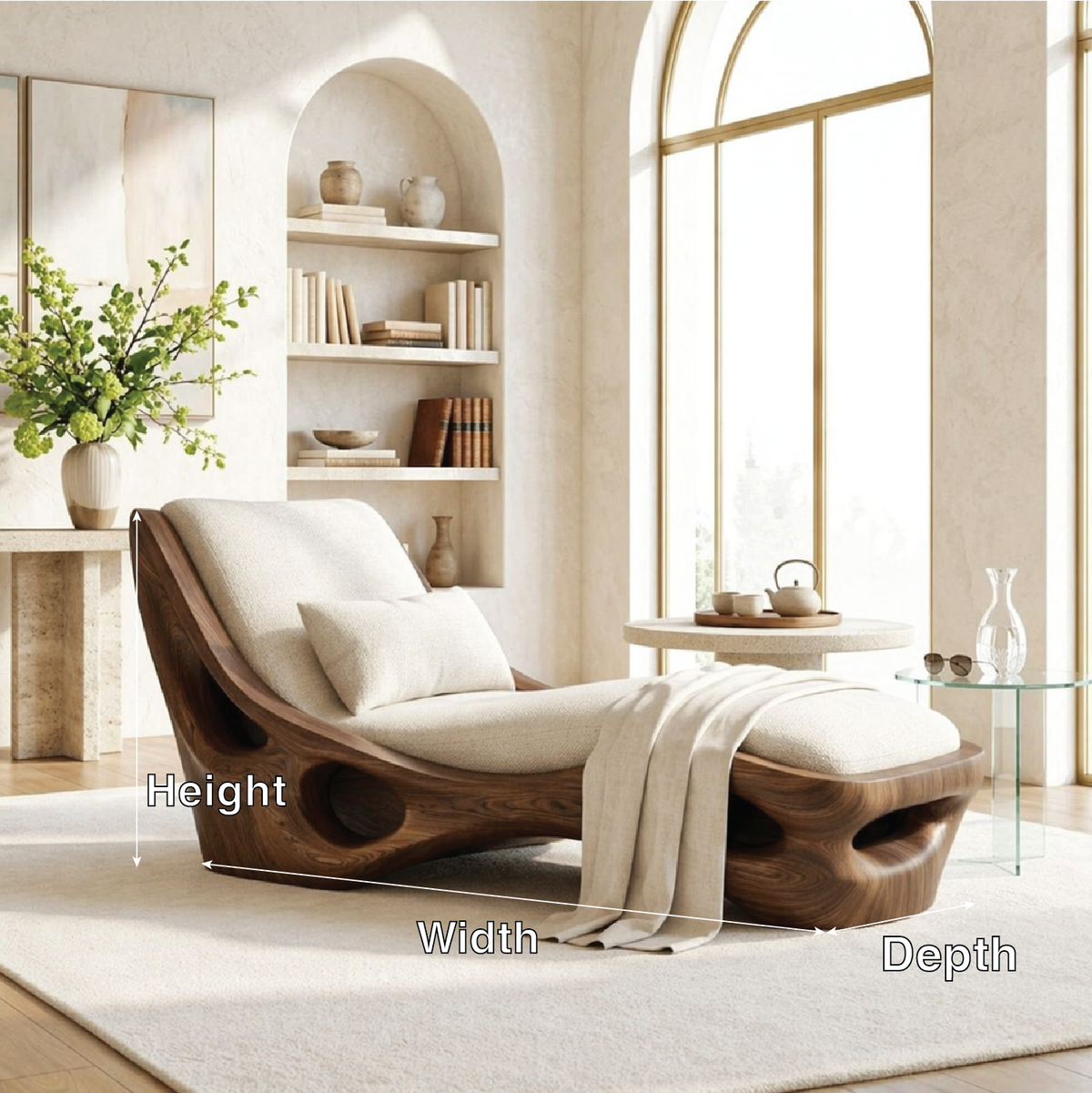 Modern Sculptural Chaise Lounge Chair, Curved Minimalist Statement Furniture Decor