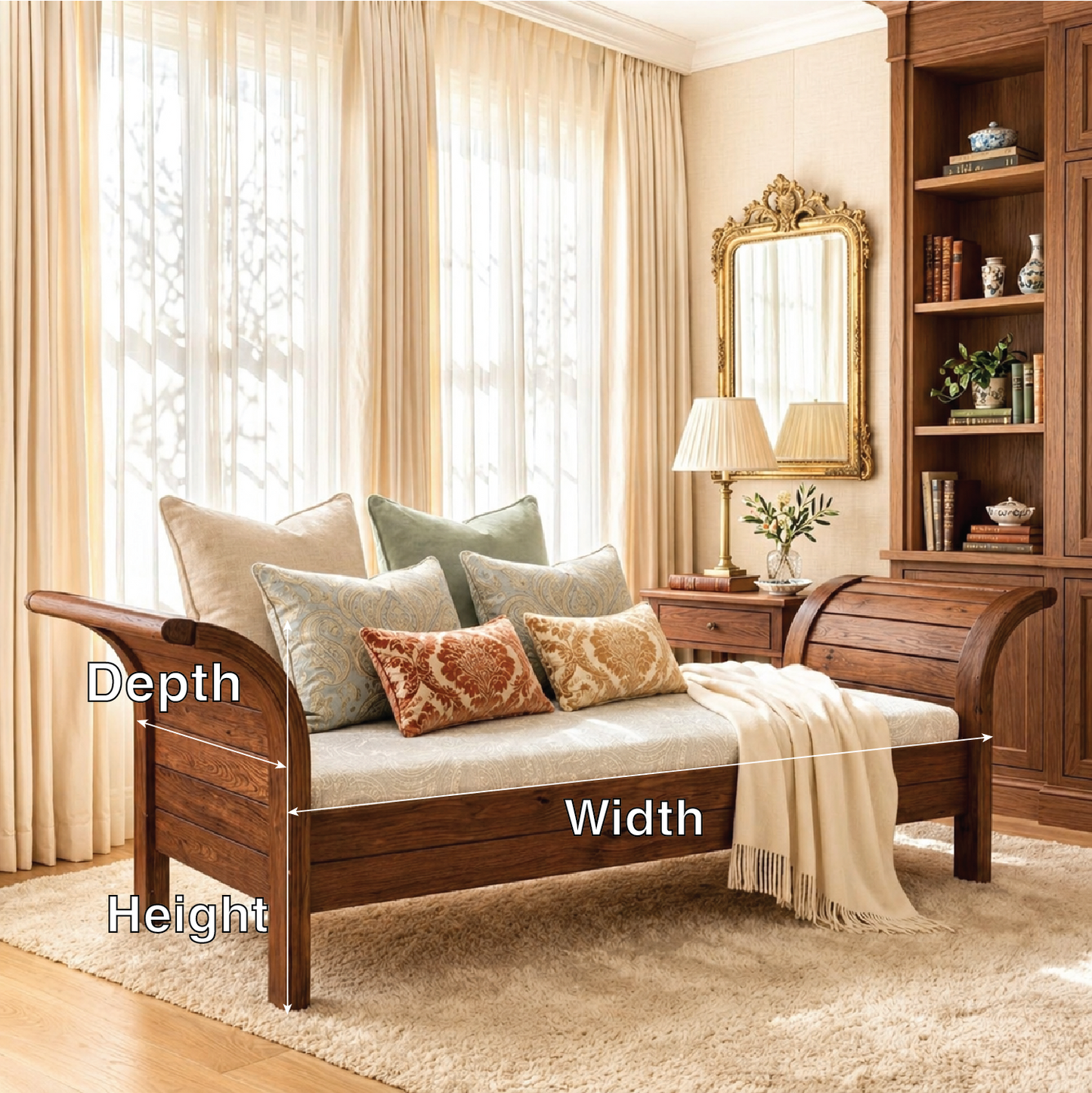 Classic Wooden Daybed Sofa with Pillows for Bedroom Lounge Decor