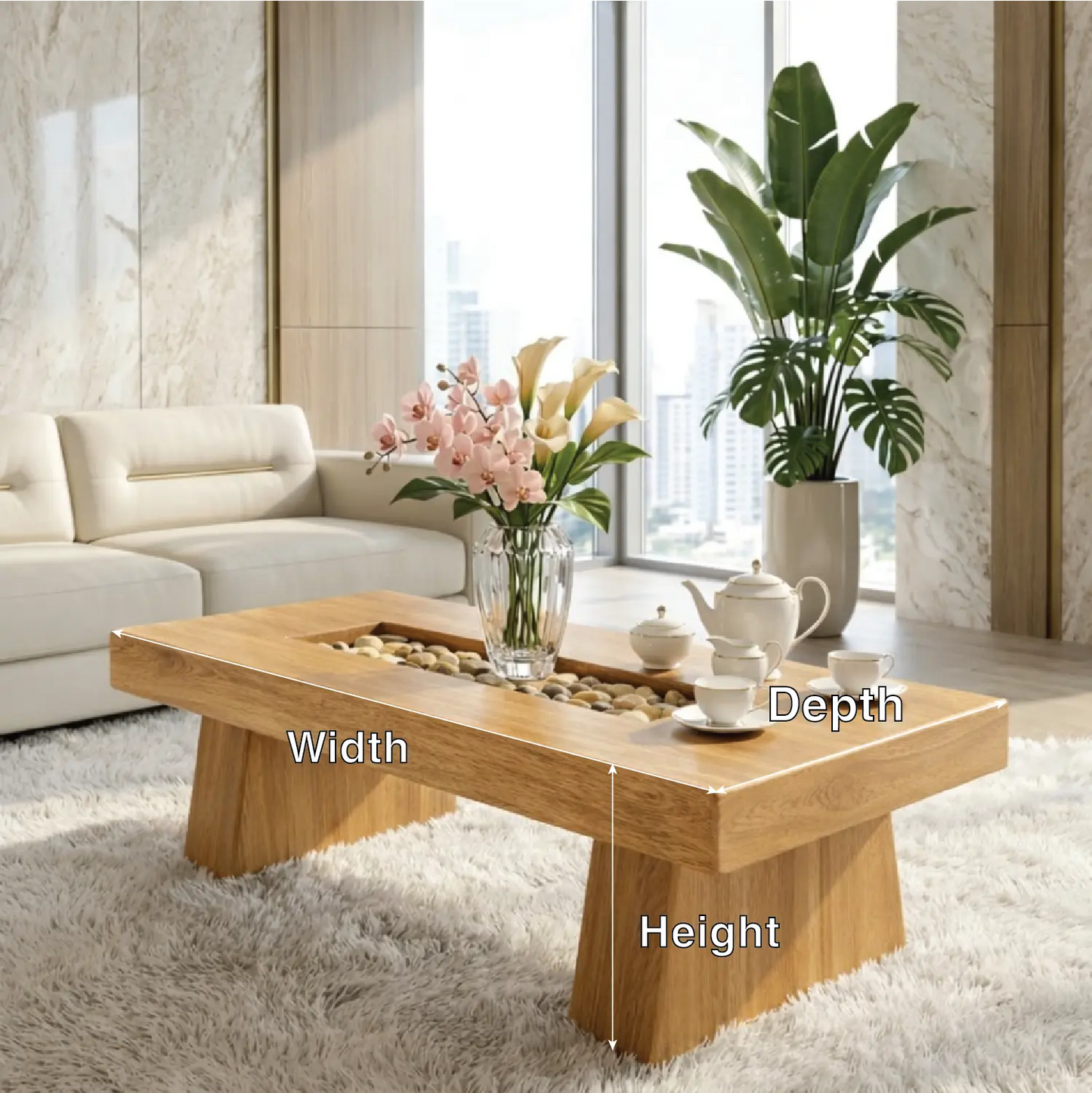 Rustic Wooden Coffee Table with Stone Inlay, Handmade Living Room Furniture Kitchnce