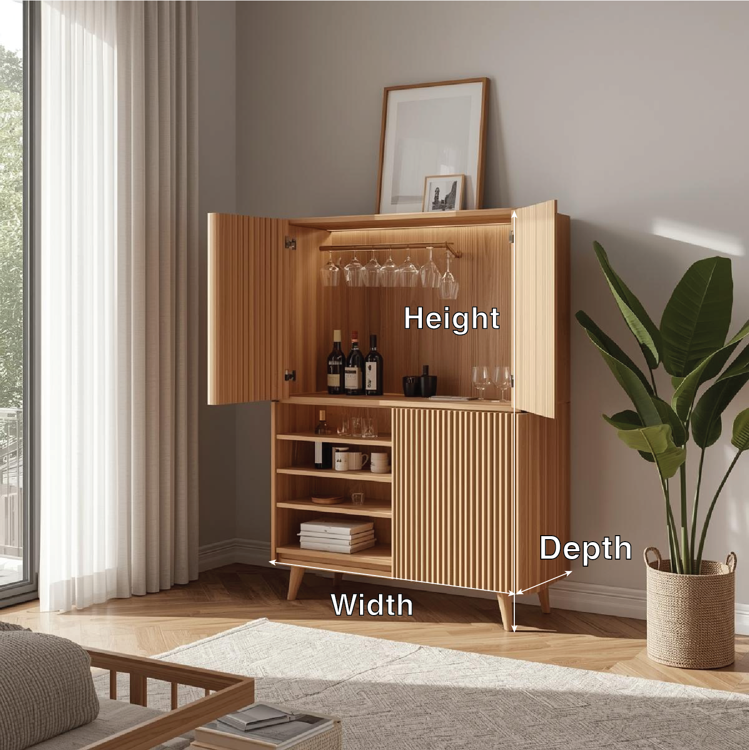 Handcrafted Solid Wood Wine Cabinet Ribbed Door Scandinavian Bar Storage with Glass Rack Display