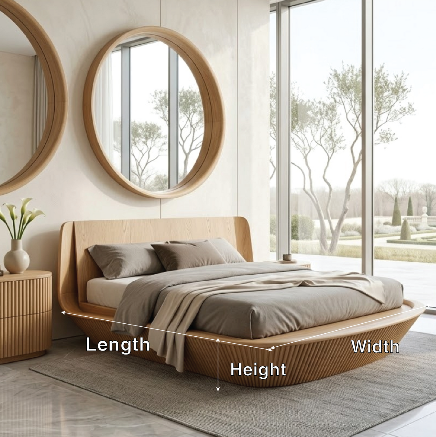 Modern Wooden Bed Frame with Curved Headboard and Low Profile Platform Style