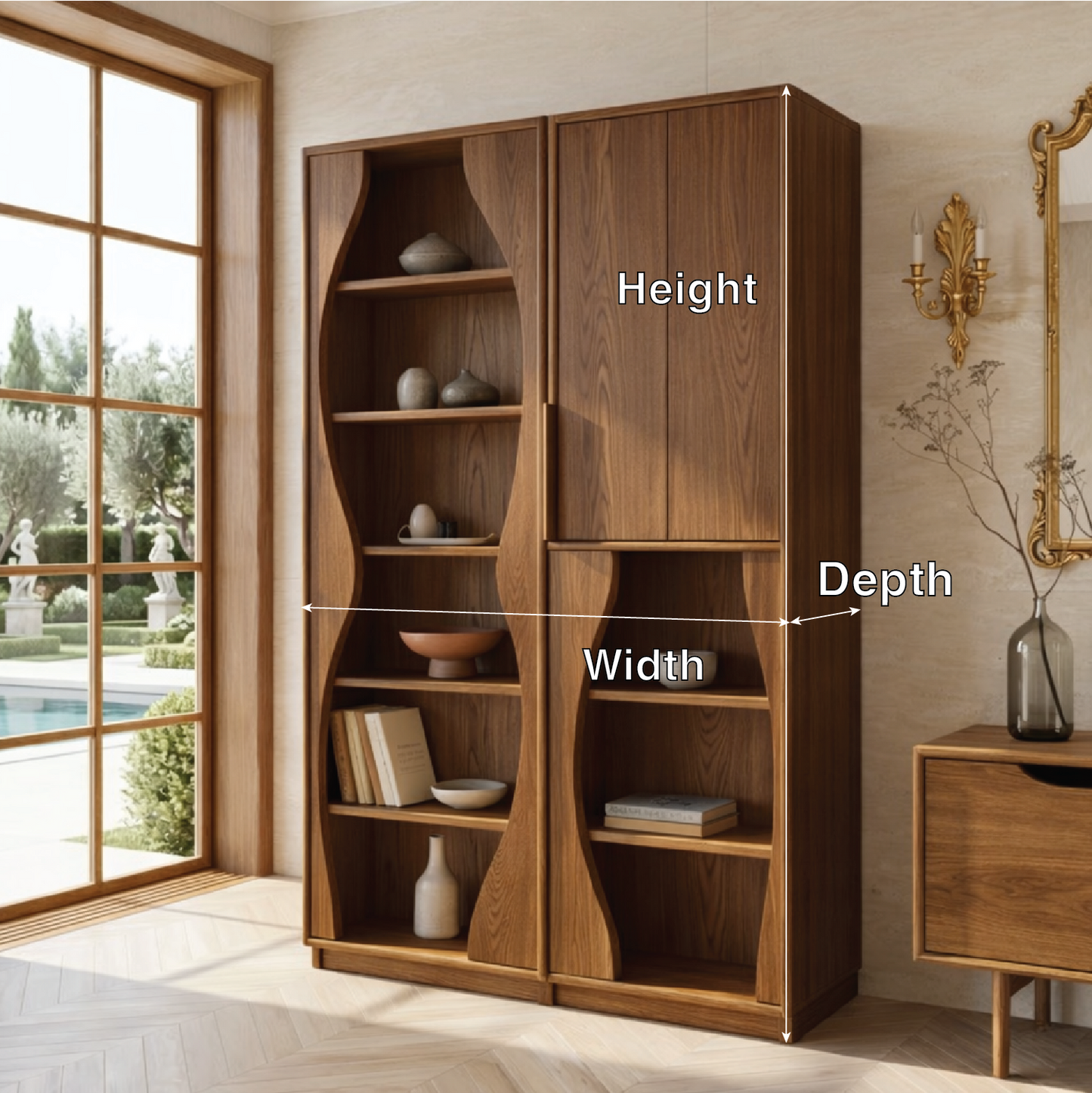 Modern Display Cabinet with Wavy Open Shelves and Tall Concealed Storage
