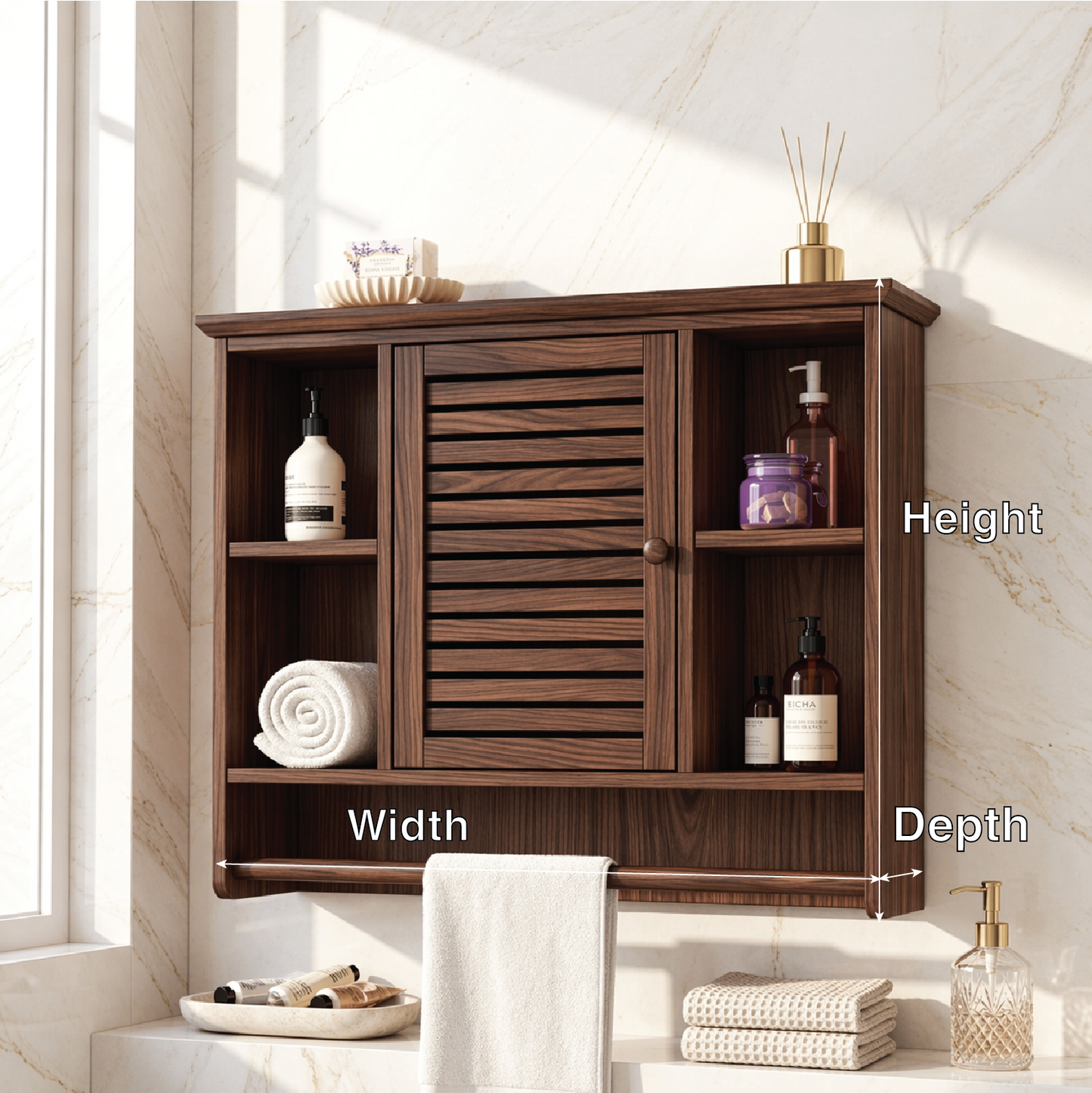 Floating Bathroom Cabinet, Wall-Mounted Vanity Storage With Slatted Door Towel Bar