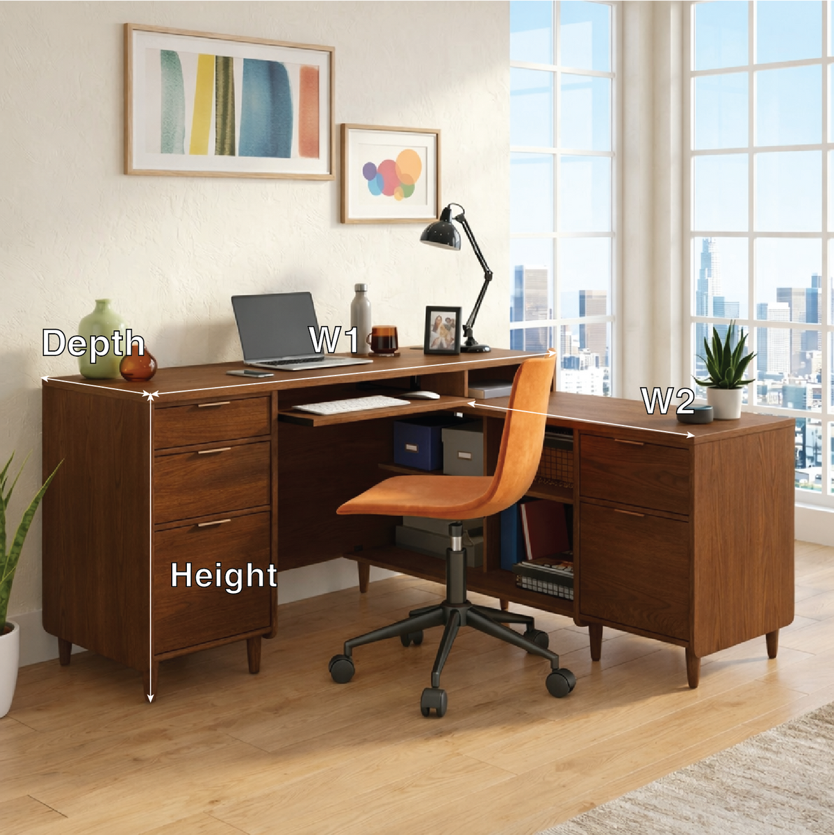 Modern L Shaped Executive Desk with Drawers, Corner Home Office Writing Table
