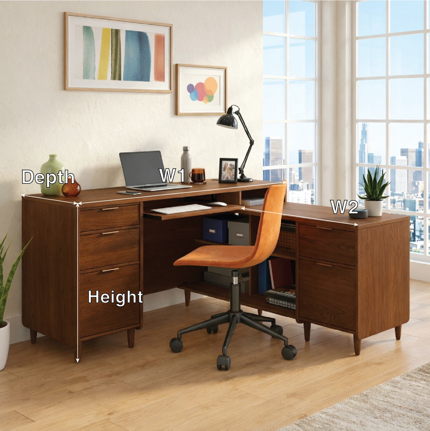 Modern L Shaped Executive Desk with Drawers, Corner Home Office Writing Table
