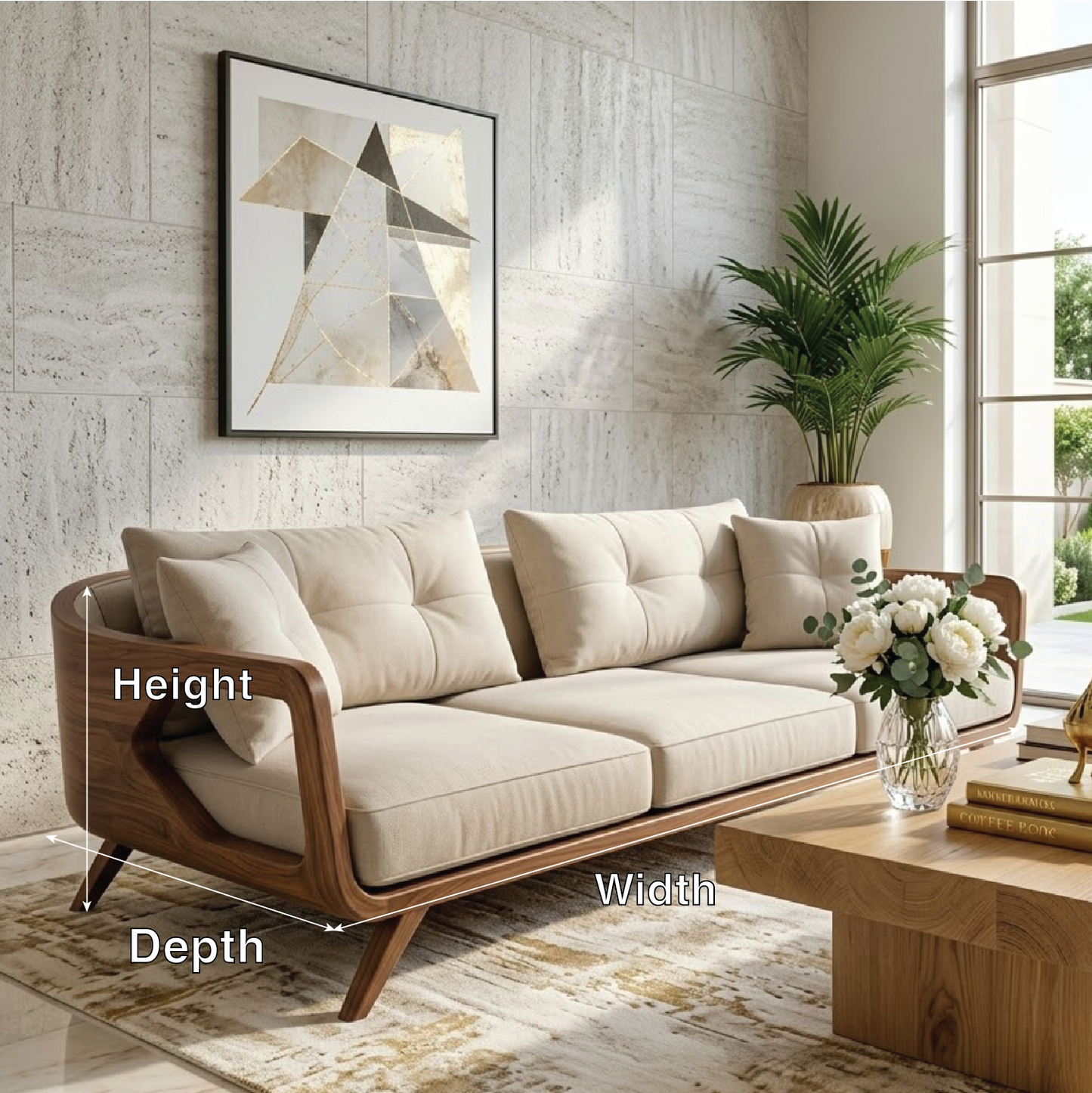 Modern Curved Solid Wood Sofa with Beige Tufted Cushions Luxury Scandi Couch