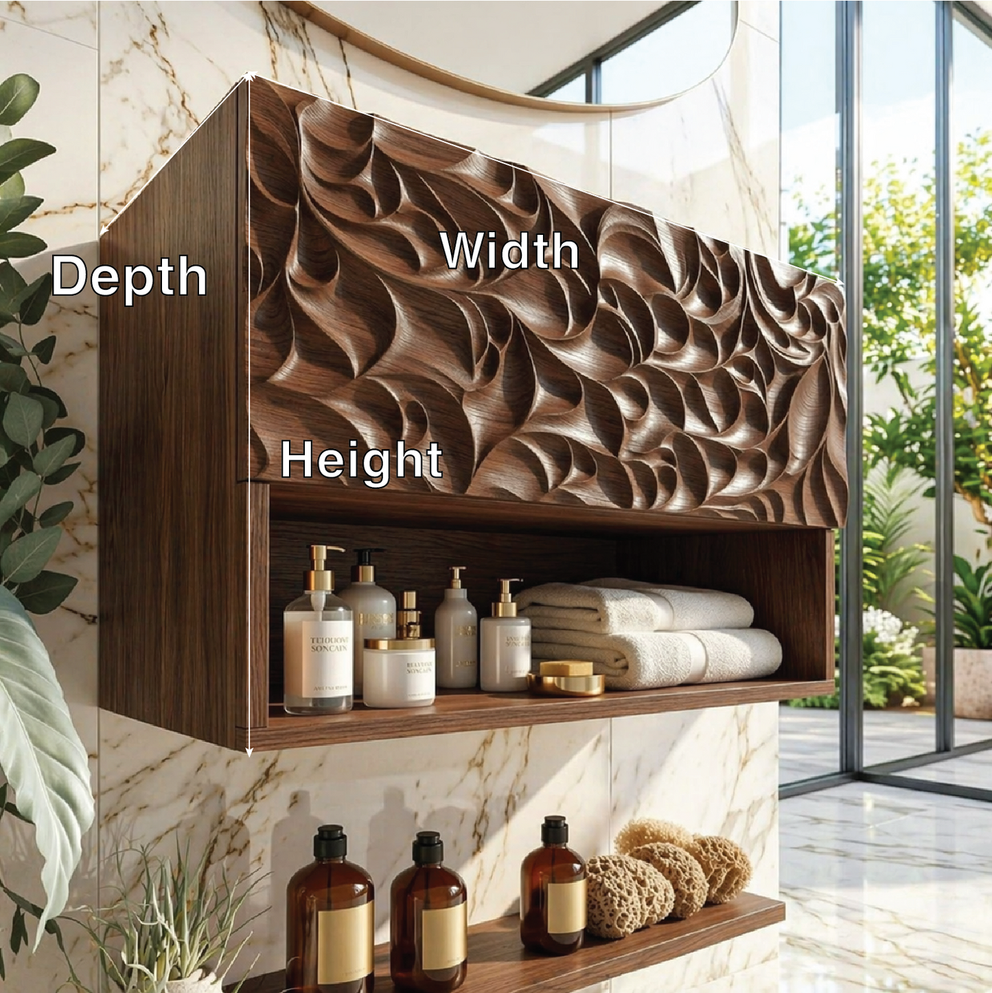 Solid Wood Floating Bathroom Cabinet, Modern Wall Mounted Carved Vanity Storage Shelf