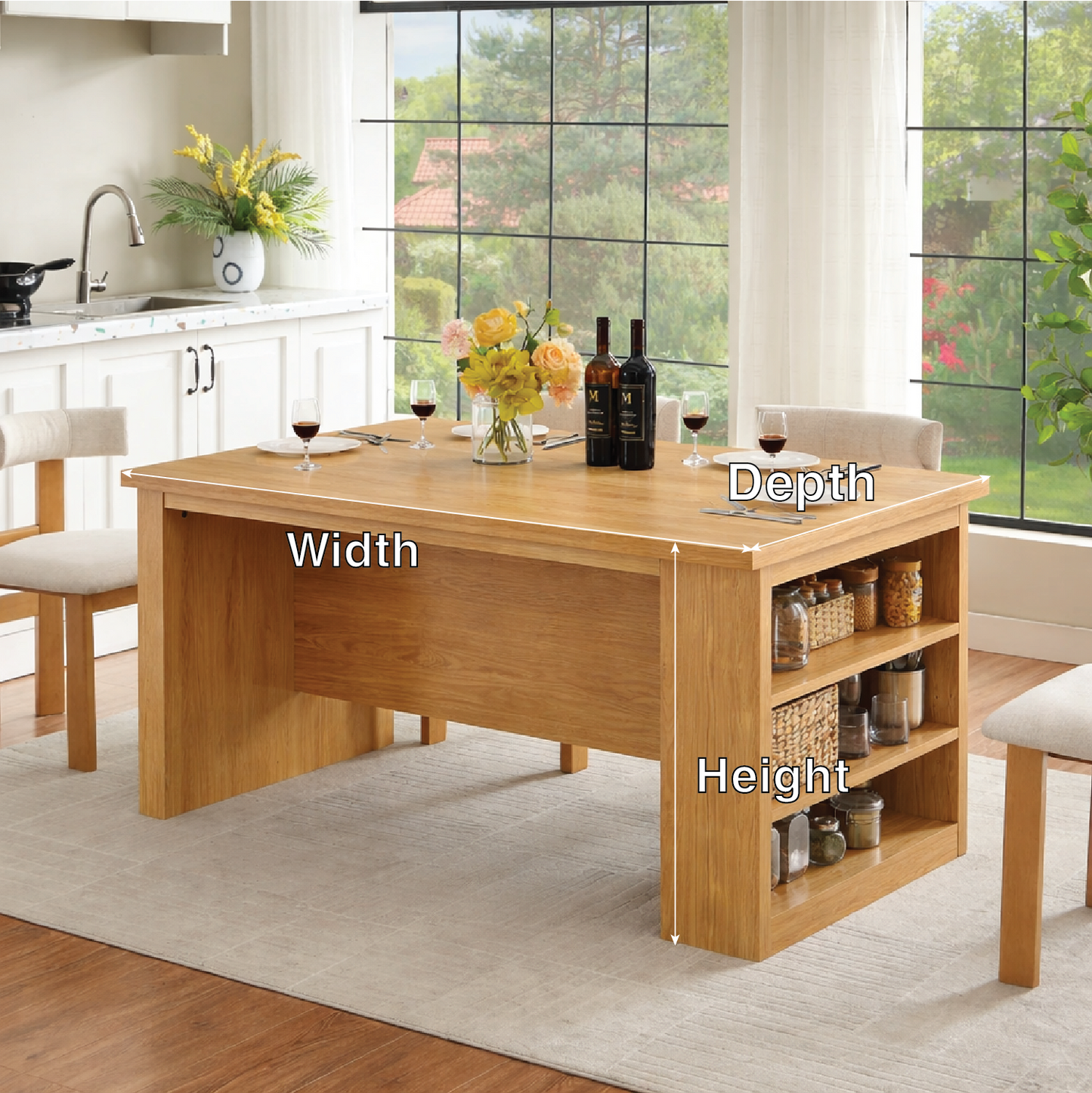 Large Kitchen Island with Side Shelves, Modern Prep Table, Storage Island for Dining Space