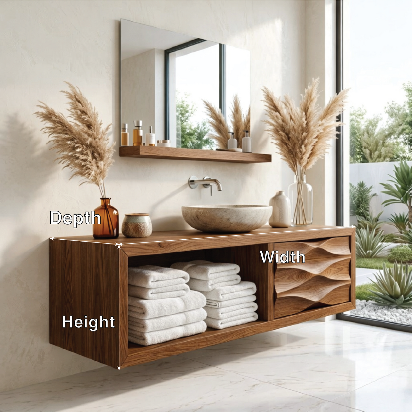 Modern Solid Wood Bathroom Vanity with Open Storage and Textured Drawer Front