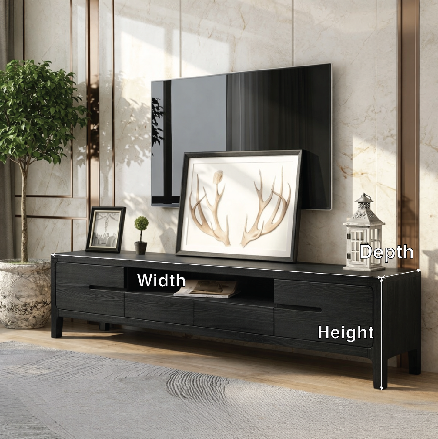 Solid Wood TV Stand with Drawers, Modern Low Profile Media Console Cabinet