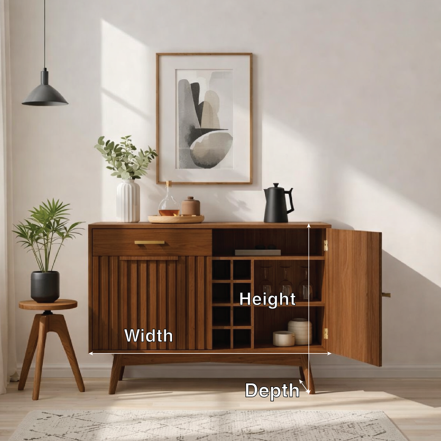 Mid Century Modern Solid Wood Wine Bar Cabinet with Bottle Rack and Glass Storage