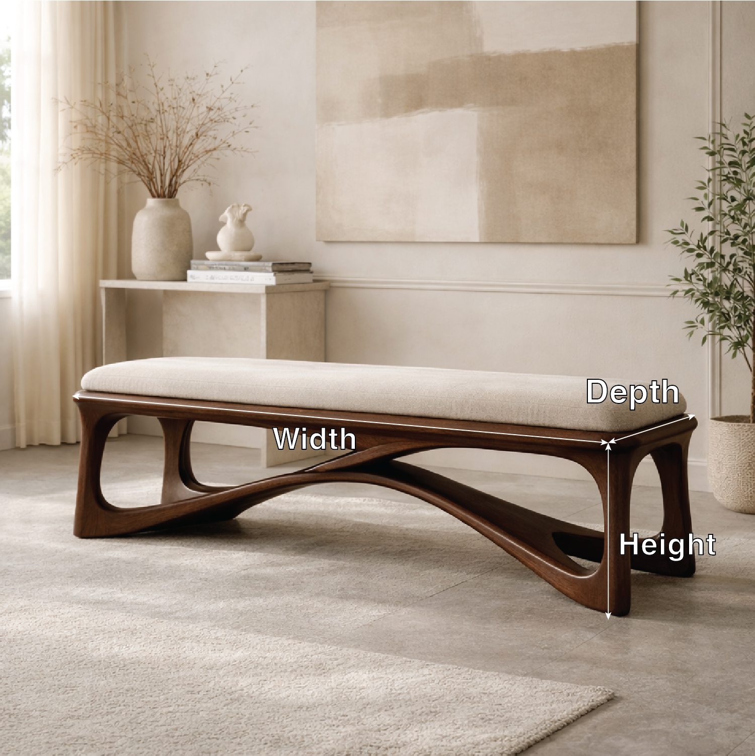 Modern Upholstered Wooden Entryway Bench, Sculptural Hallway Seating for Luxury Homes