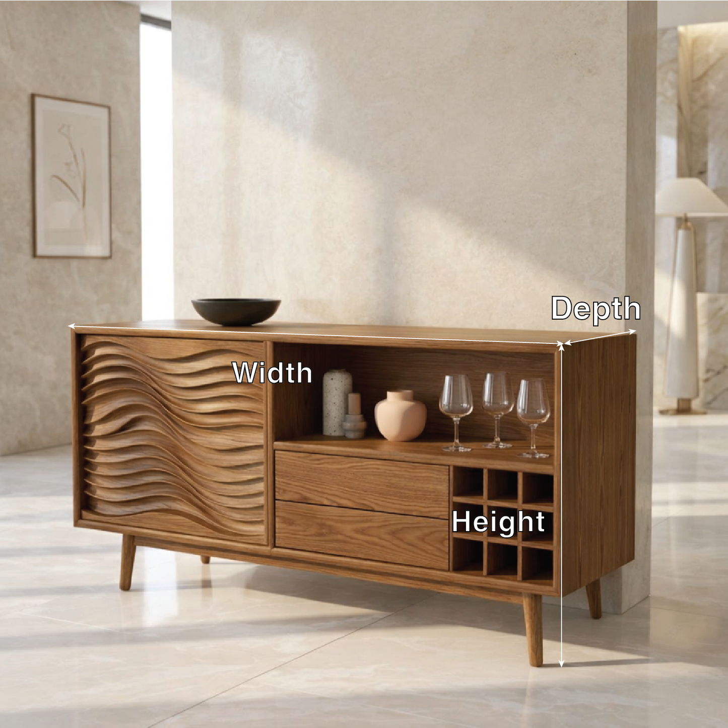 Modern Bar Cabinet Sideboard with Wave Door, Wine Cubby and Open Shelf
