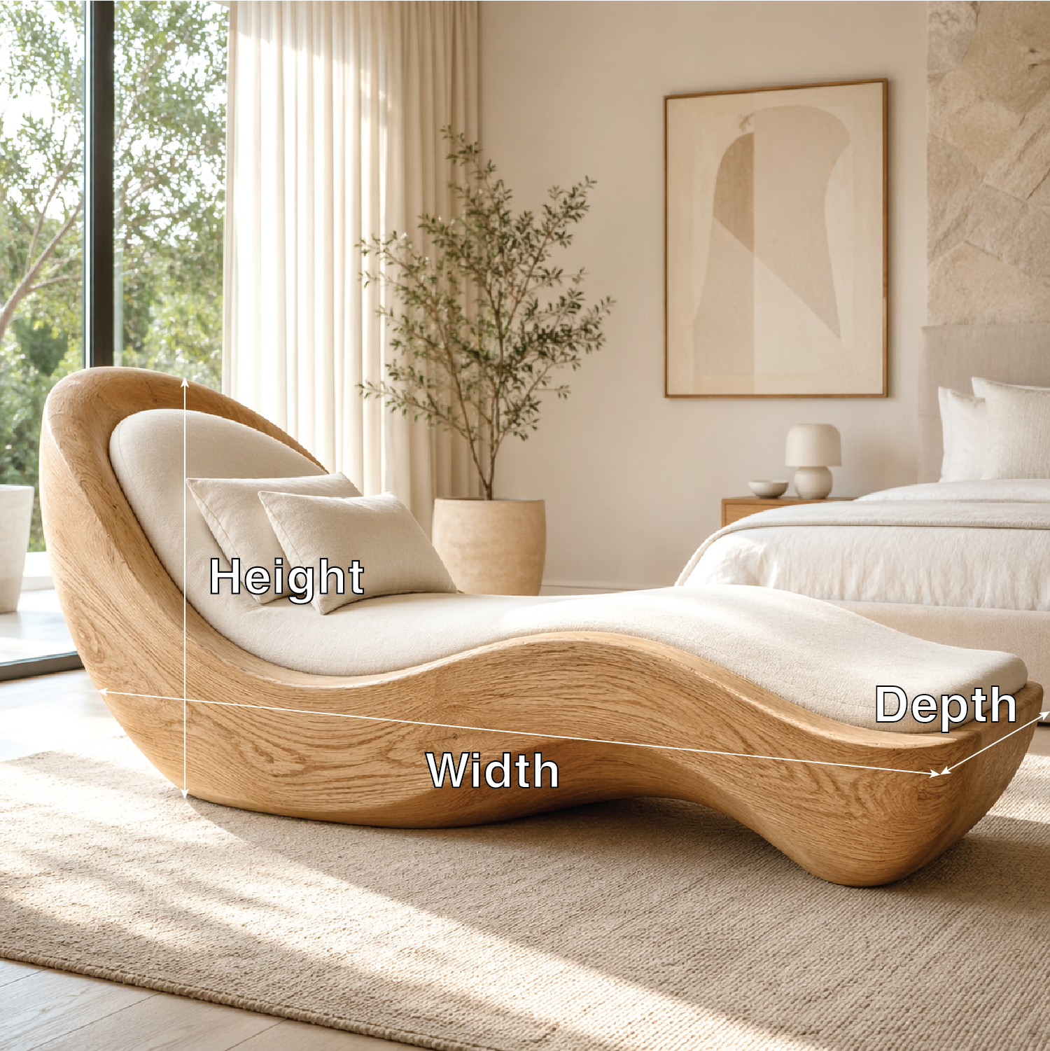 Luxury Curved Chaise Lounge Sculptural Daybed with Cushion for Bedroom Decor