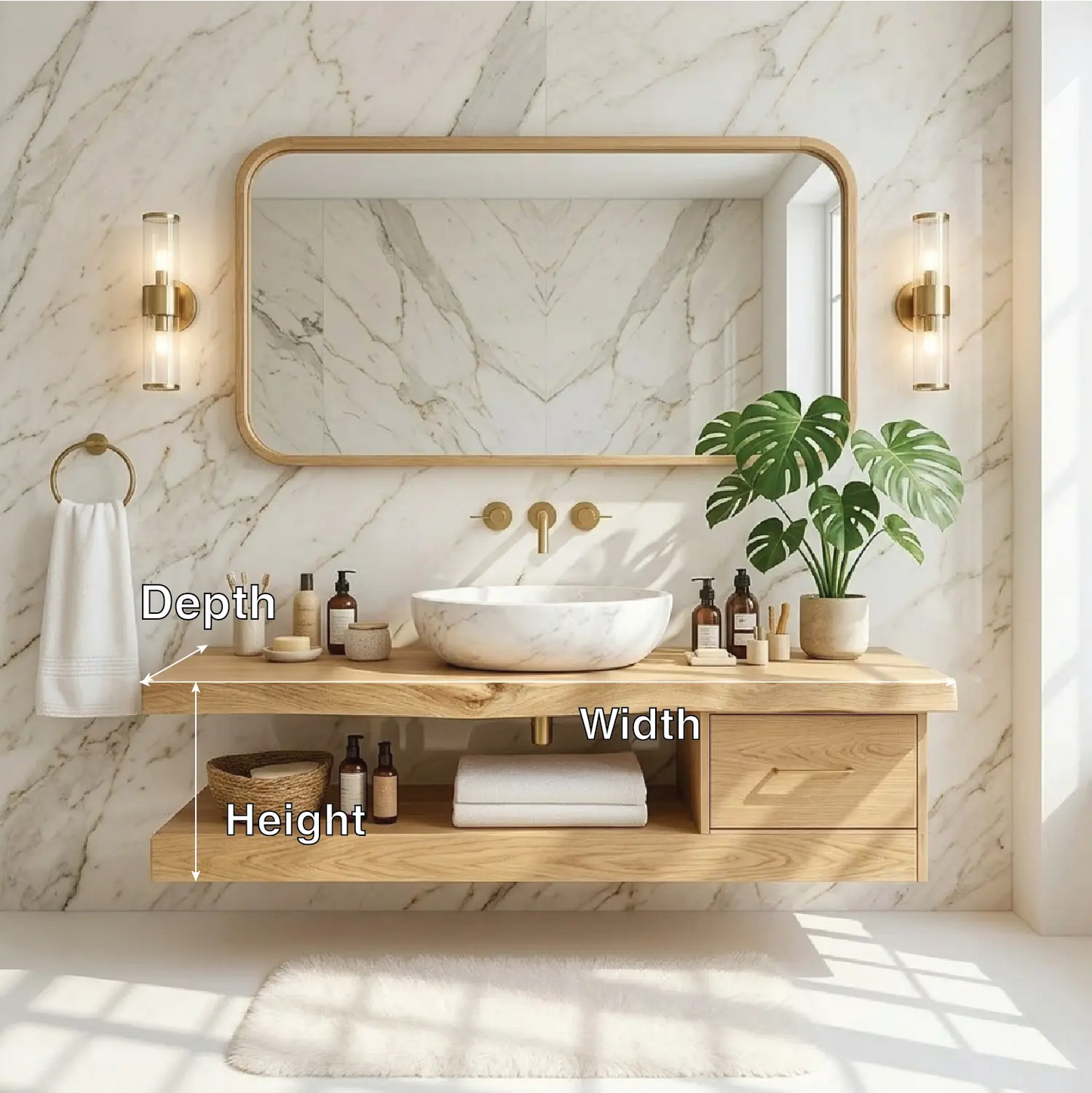 Floating Vanity with Natural Wood and Marble Sink, Modern Bathroom Design Kitchnce