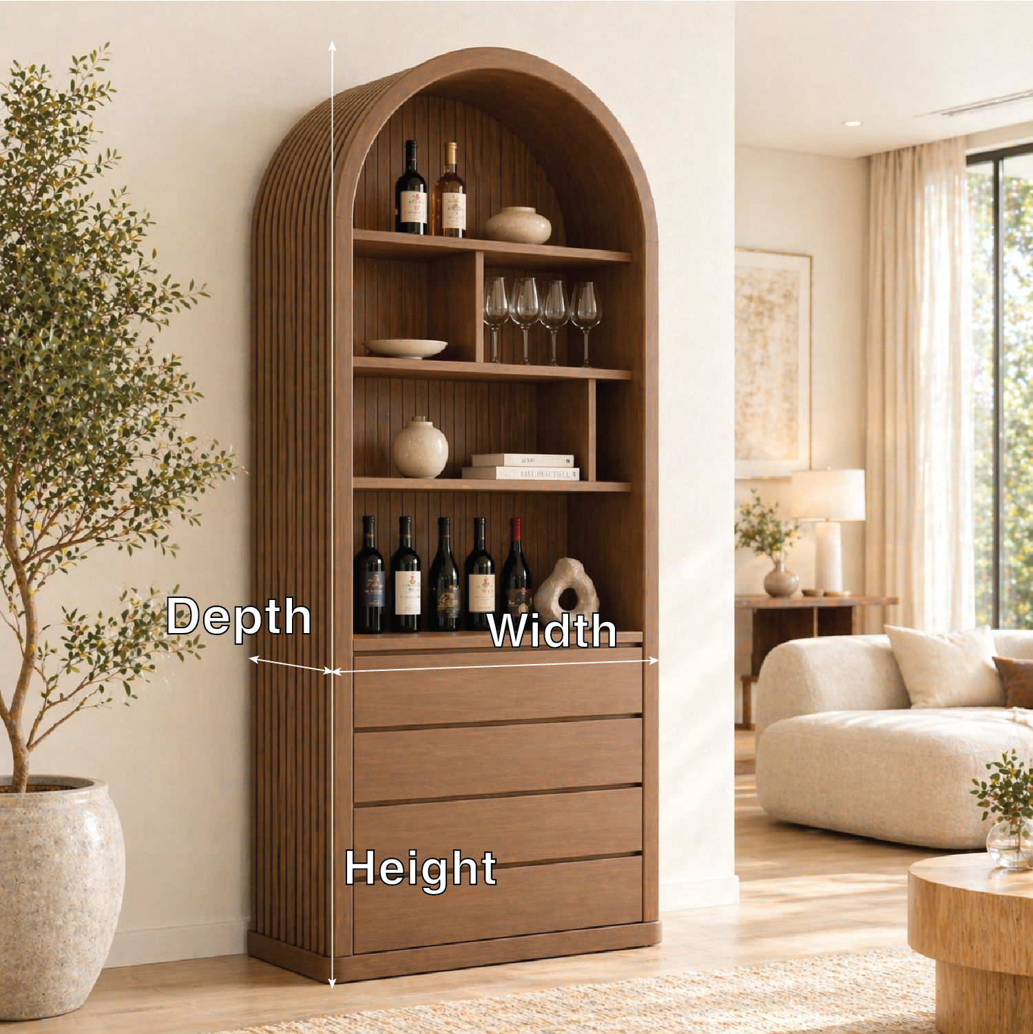 Arched Wine Cabinet Tall Bar Storage Glass Display Shelves Drawer Organizer