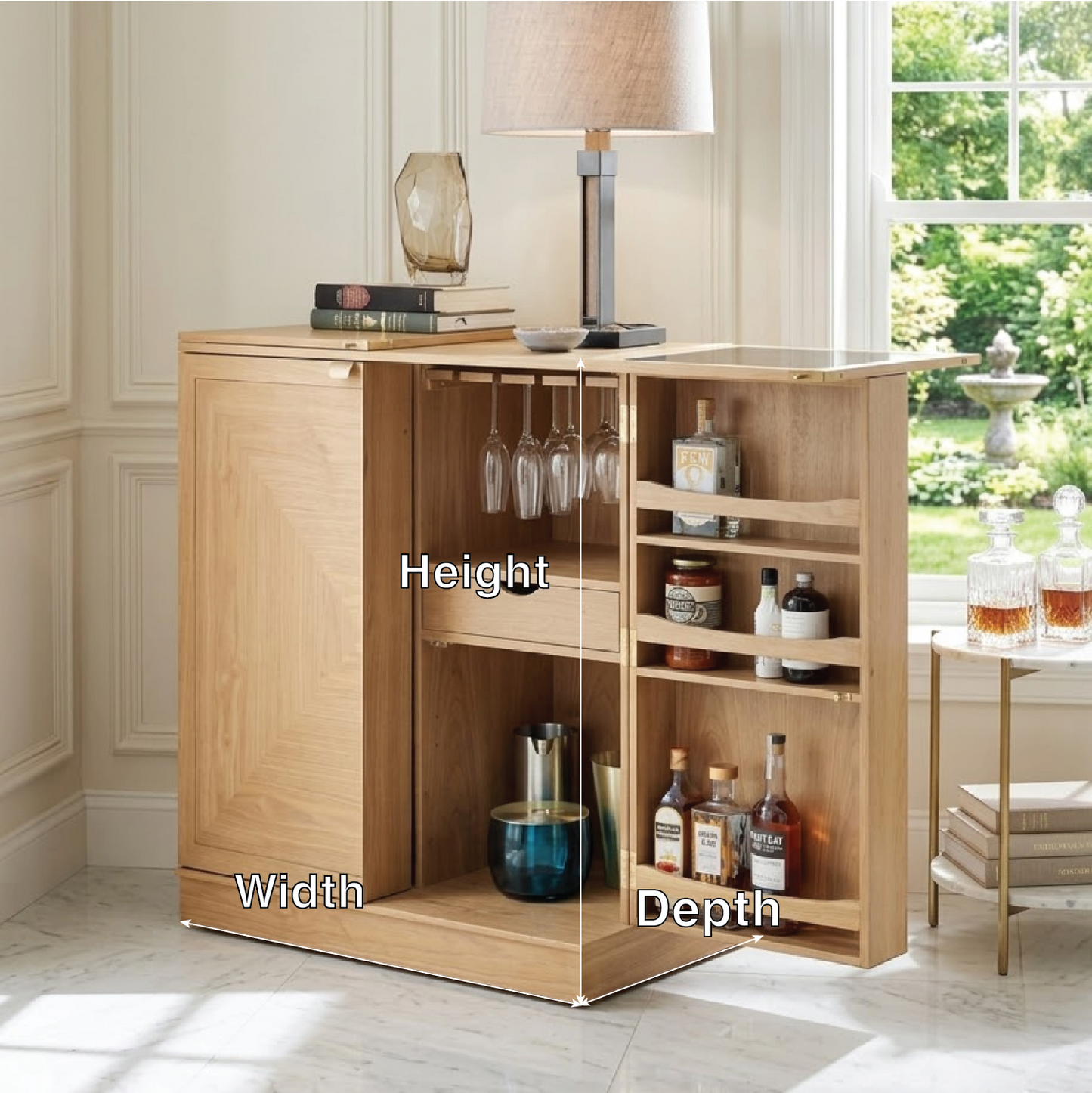 Contemporary Wooden Bar Cabinet, Fold-Out Entertaining Console with Glassware Storage