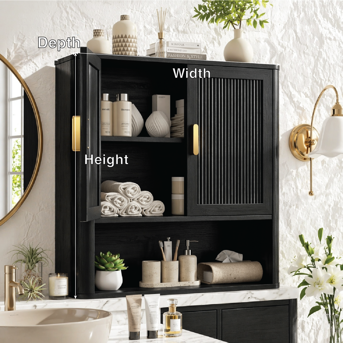 Floating Bathroom Cabinet, Modern Fluted Wall Mounted Vanity Storage Organizer Unit