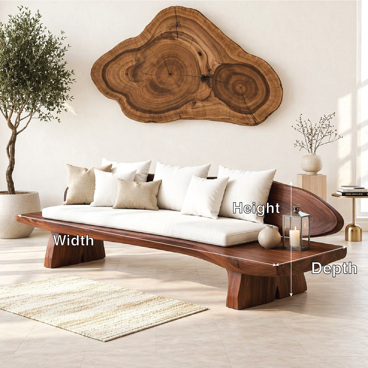 Organic Modern Wooden Sofa, Curved Minimalist Lounge Bench with Oversized Cushions