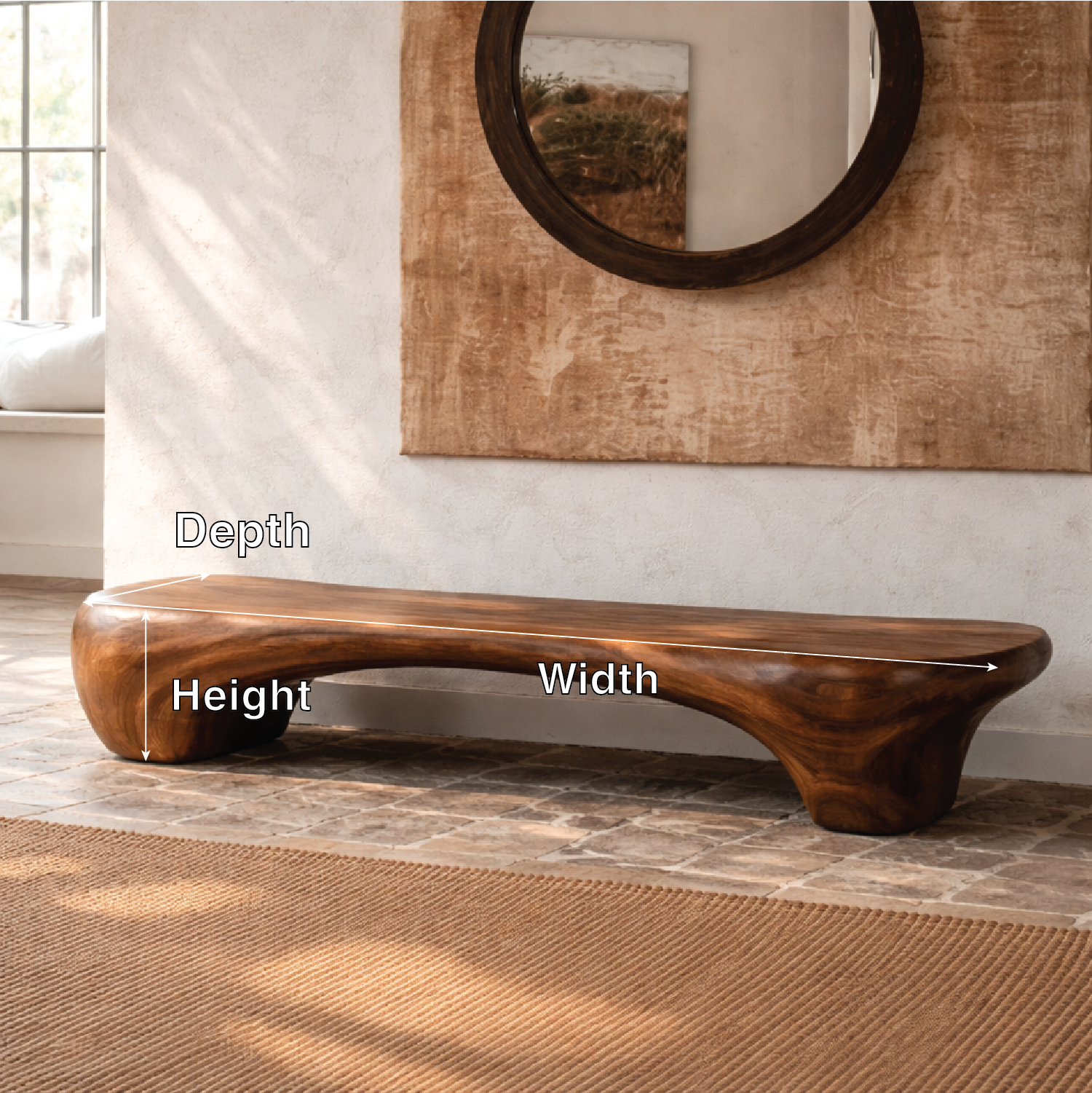 Organic Sculptural Solid Wood Bench, Modern Rustic Statement Seating