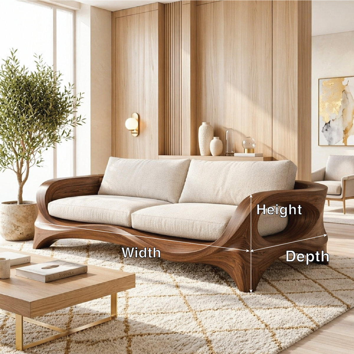 Modern Sculptural Curved Sofa, Organic Minimalist Statement Living Room Furniture