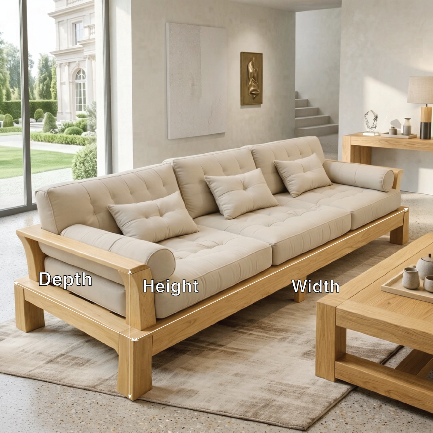 Large Solid Wood Sofa with Beige Tufted Cushions Modern Japandi Living Room Couch