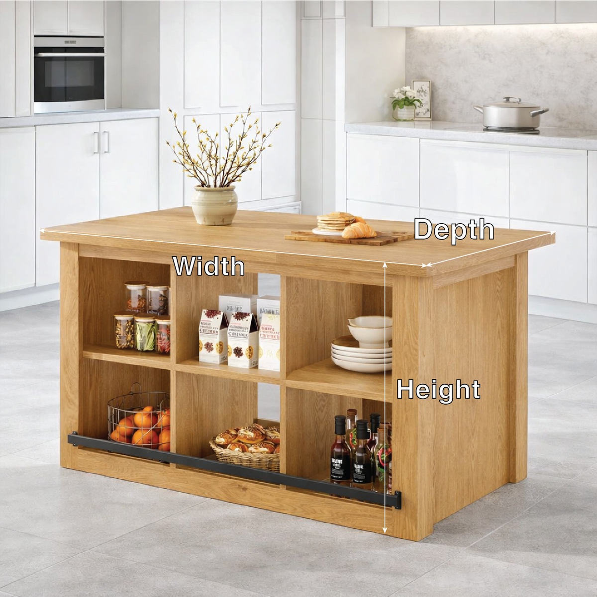 Large Kitchen Island with Open Storage Cubes, Modern Prep Table for Kitchen Dining Space