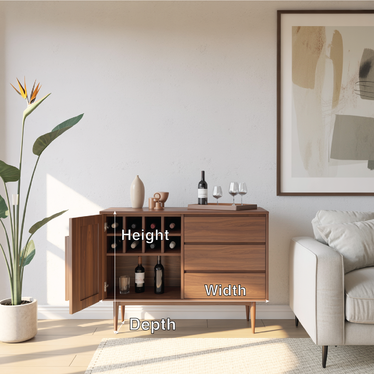 Handcrafted Solid Wood Wine Cabinet Mid Century Bar Sideboard with Drawers and Bottle Grid